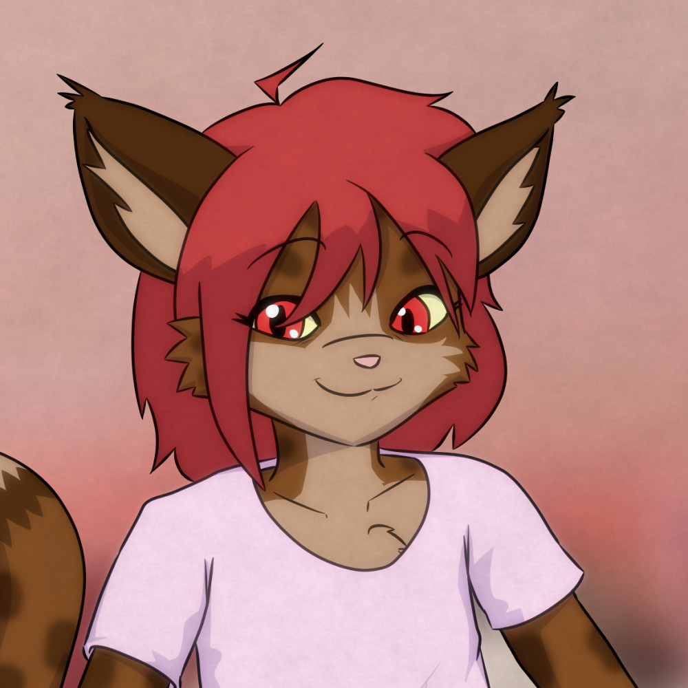 Kawa "Kay-Kay" Charune, a cat thing with lynx-like coloring but a not lynx-like tail sitting pretty. They have red hair and eyes, a pink shirt, and a smile promising trouble in bed. Below the crop, they're holding a "yes" pillow.