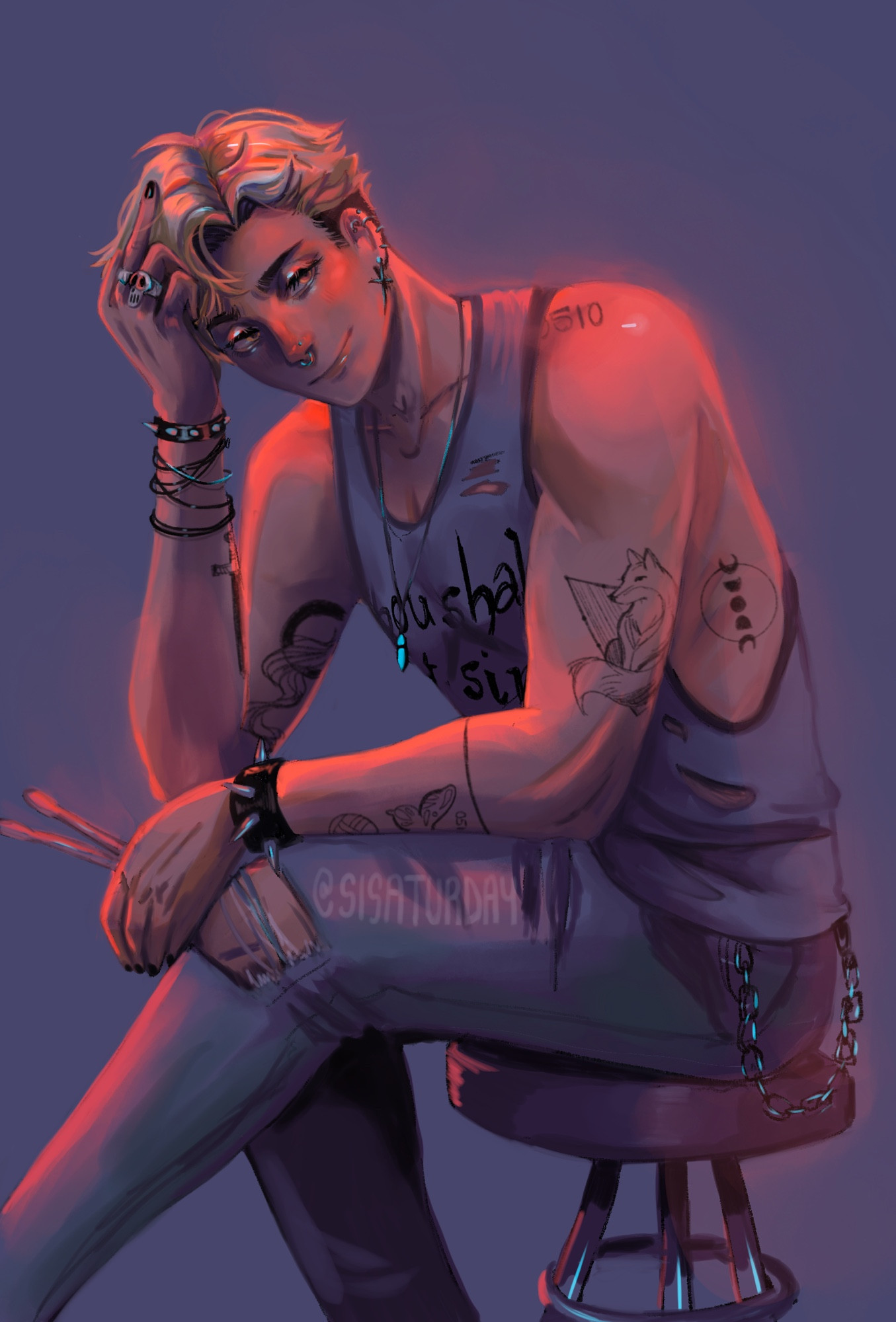 Fan art of miya atsumu from Haikyuu, dressed as a drummer with stage clothes, piercings and tattoos