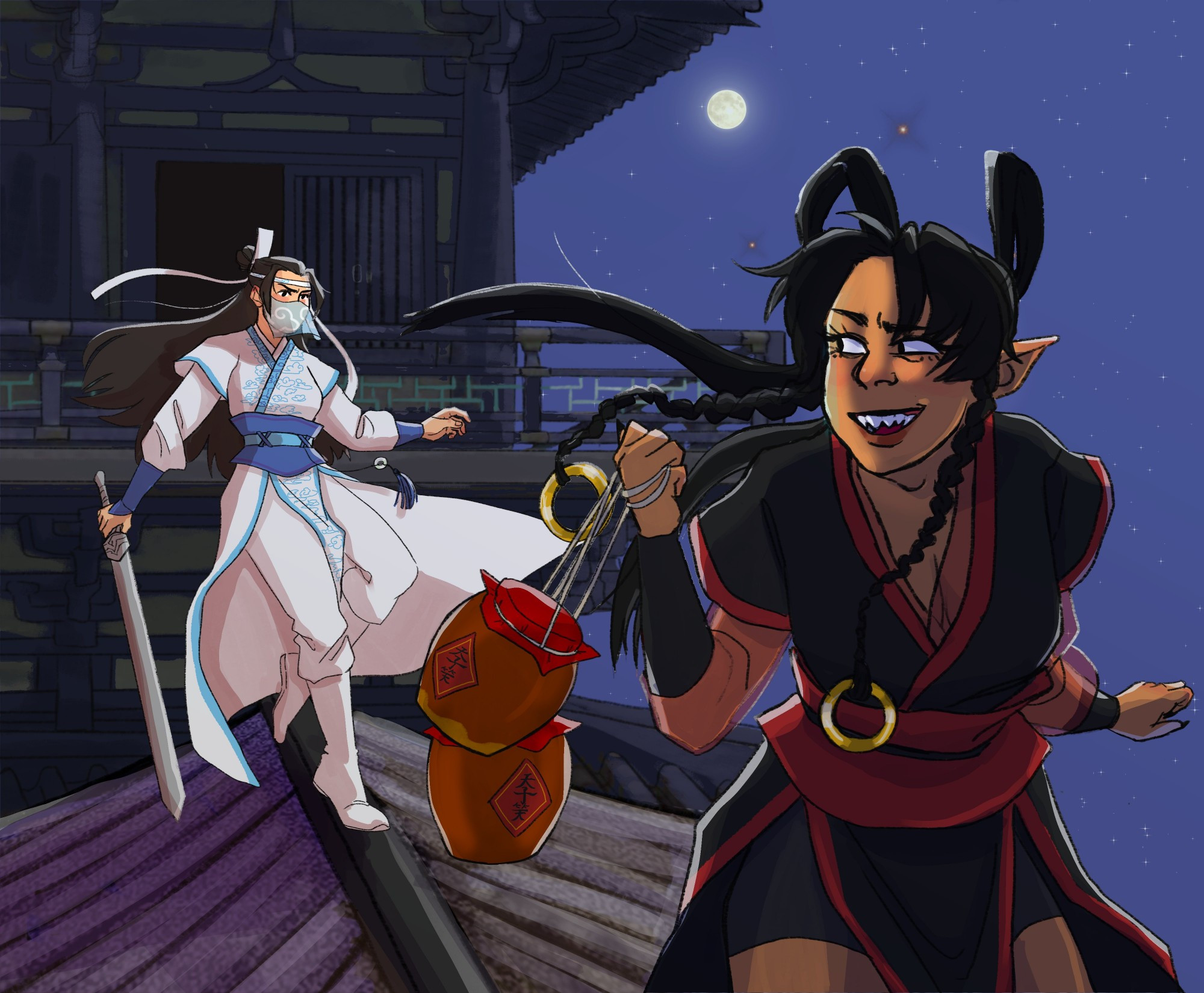 Liu mingyan and sha hualing from scum villain's self saving system dressed as lan wangji and wei wuxian respectively. They stand on a rooftop, sha hualing running from liu mingyan. She is holding a pair of wine jars while laughing over her shoulder. Liu mingyan is glaring and has her sword drawn. 