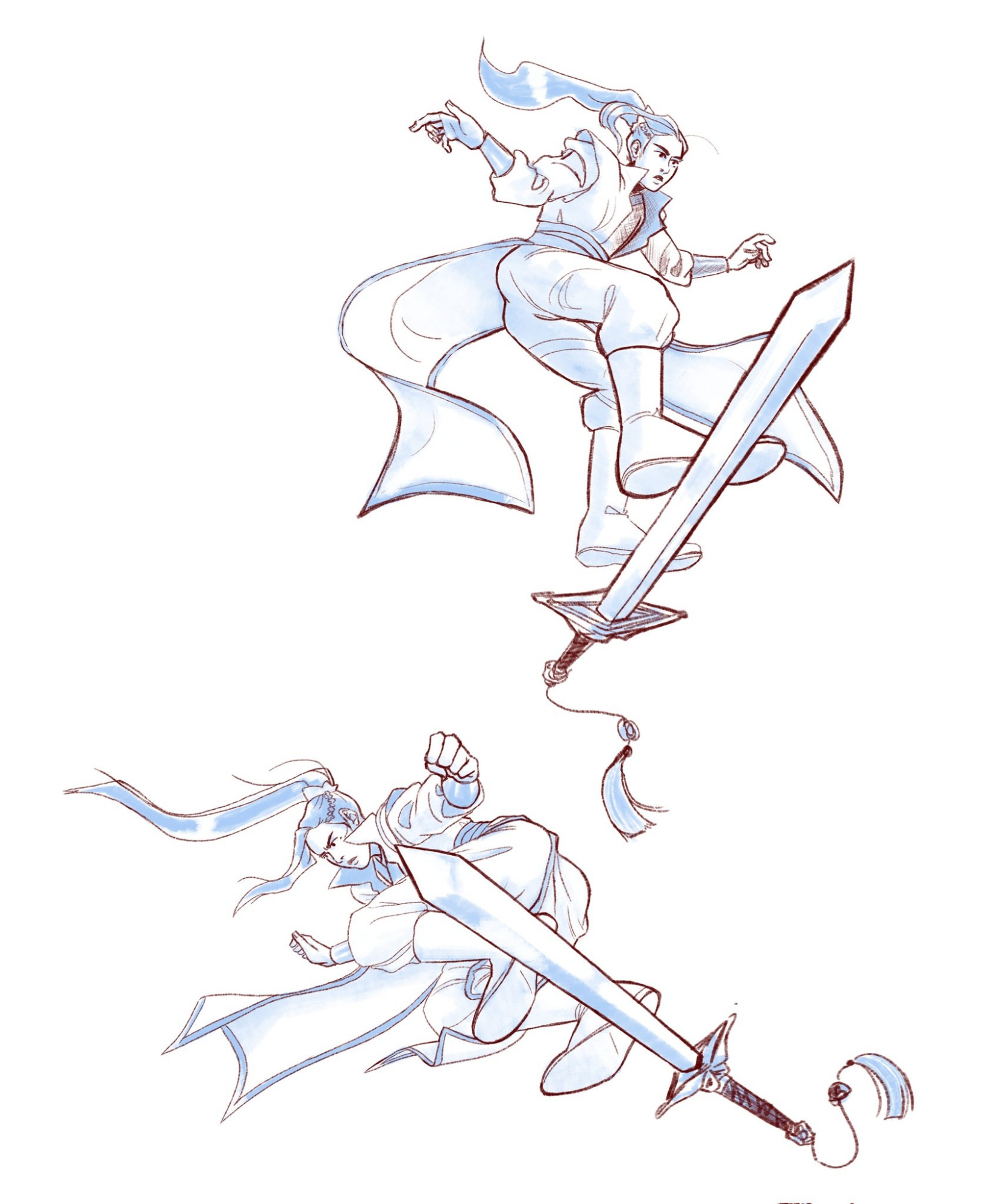 Two images of Liu Qingge from scum villain's self saving system riding on a sword like it's a skateboard. The focus of each piece is the sword. 