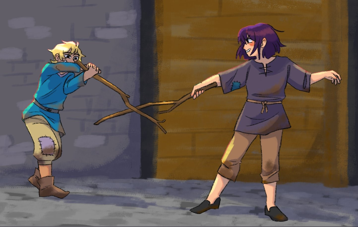 Yuri Lowell and Flynn Scifo from Tales of Vesperia. They are depicted as children wearing dirty, patched clothes and are playing with sticks like they're sword fighting.  