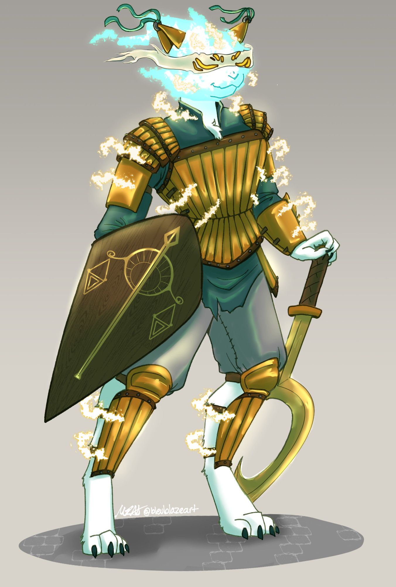 An aasimar (essentially) catfolk in bronze-colored armor with tarnished-green undercoats. She carries a shield with a decorative scale, symbolizing her dedication to Justice, and wields a khopesh, a hooked sword. Her stripes are whisps of energy that appear over her shoulder, while her head is a bright ball of energy save for her ears, which are metal plates in the shape of the scales of her shield, with teal ribbons at the tips.