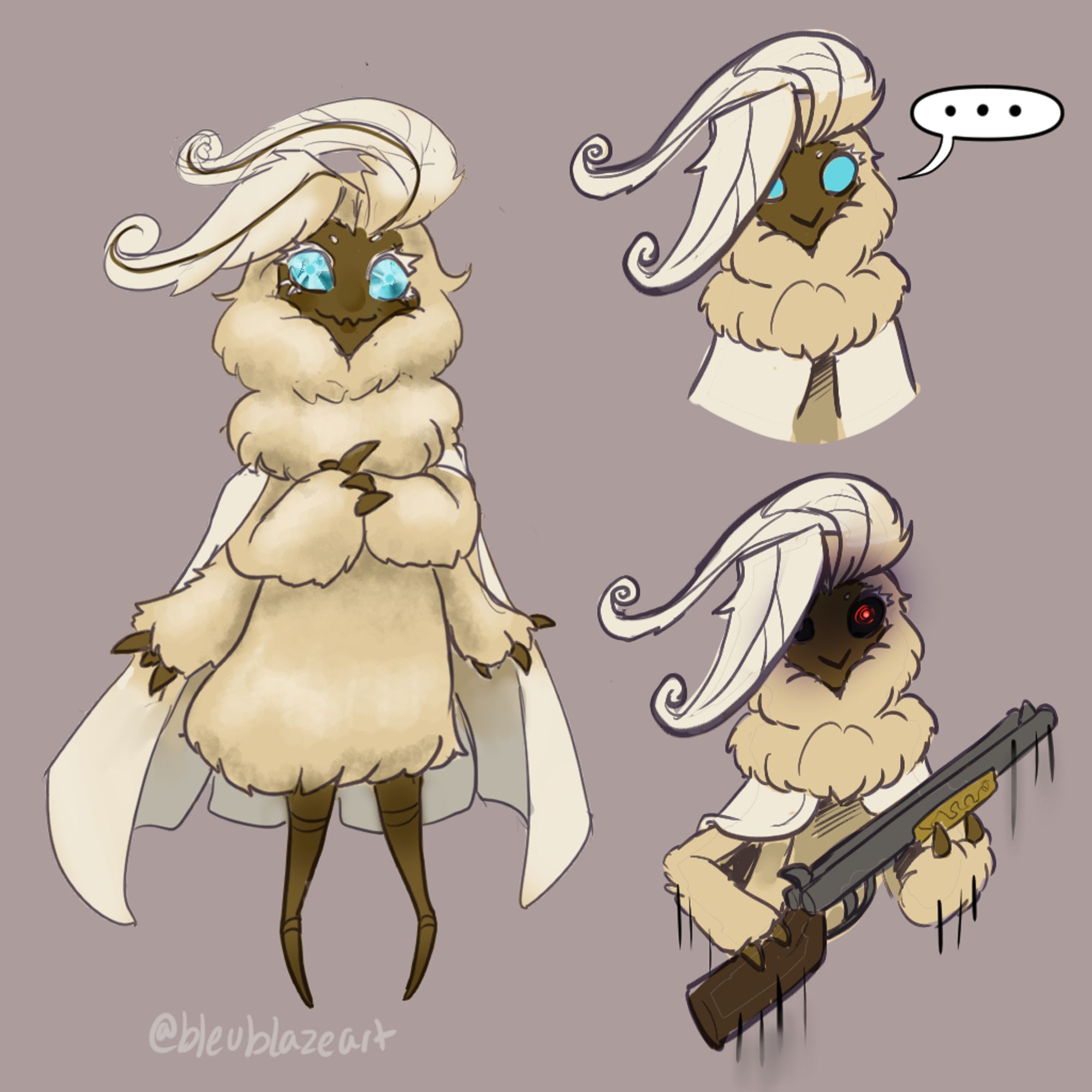 On the left, an adorable, full-body shot of a cream-colored mothfolk. She her downy fuzz looks like that of a hooded, knee-length raincoat on her, her wings behind her giving a sort of jacket or cloak look to her while her skin is a tree-bark brown. She has four arms, two of which are folded together while the others lay at her side. Her eyes are multifacited, shining blue with stark white eyelashes. Her antennae are coiffed off to her right side, giving her the appearance of voluminous bangs.
On the right, a two-frame mini-comic. Above, Fio with a more blank look on her face. Below, she has pulled from somewhere a double-barreled shotgun, her face has darkened and her left eye has turned a black-with-red pupil.