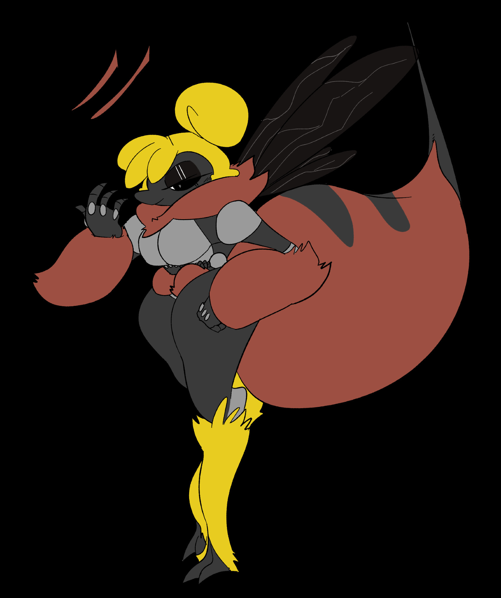 A female anthropomorphic, Red Belted Bumblebee, with a large, red-and-black striped abdomen with a stinger. Her wings are thin and black, with yellow fuzz on her feet and her yellow hair with a bun, almost like a beehive hairstyle.