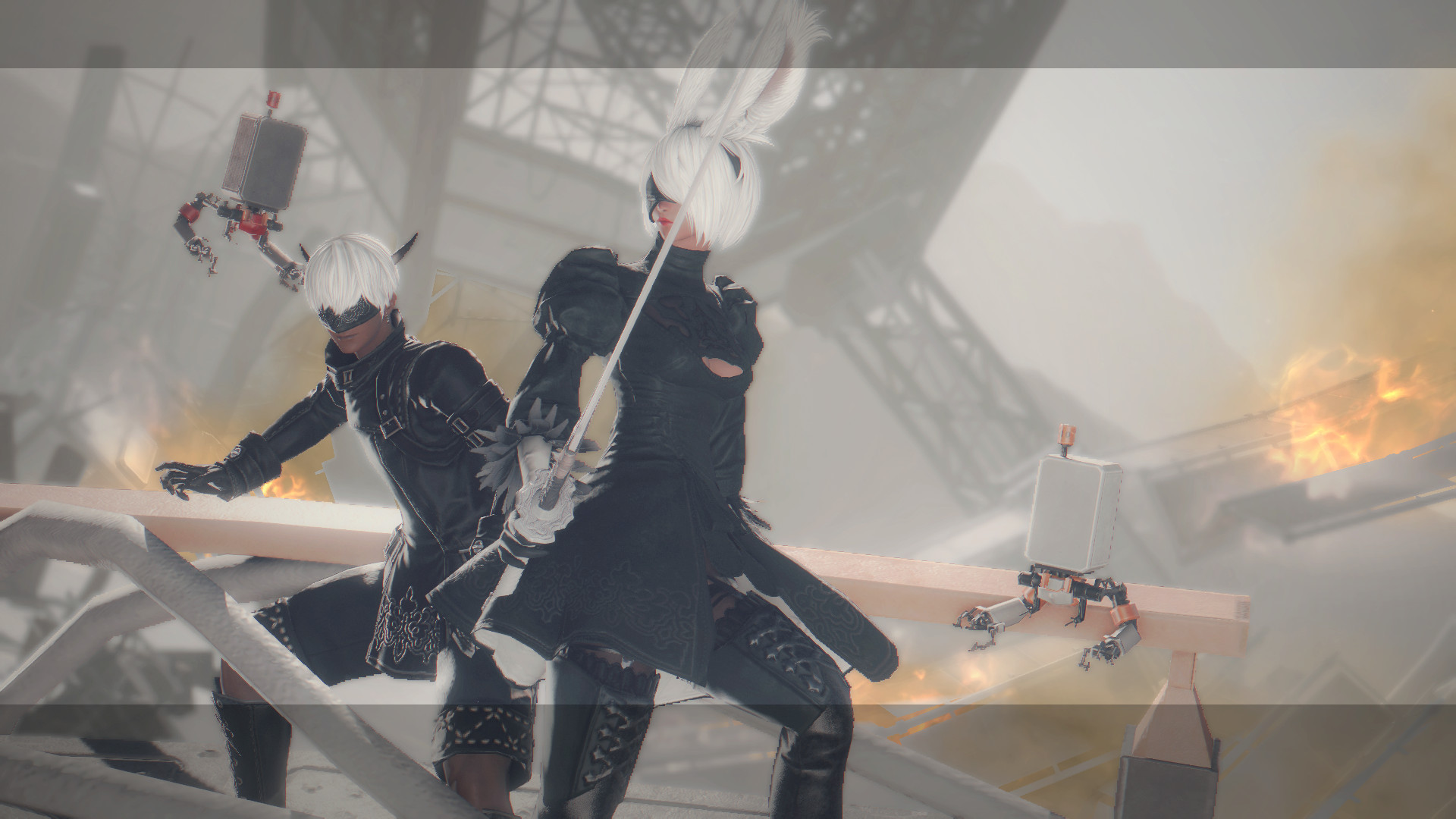 A Padjal man dressed as 9S and a Viera woman dressed as 2B, both from Nier Automata, in Final Fantasy 14. They stand in front of the destroyed Bunker, ready to fight. Both Pods float behind them.