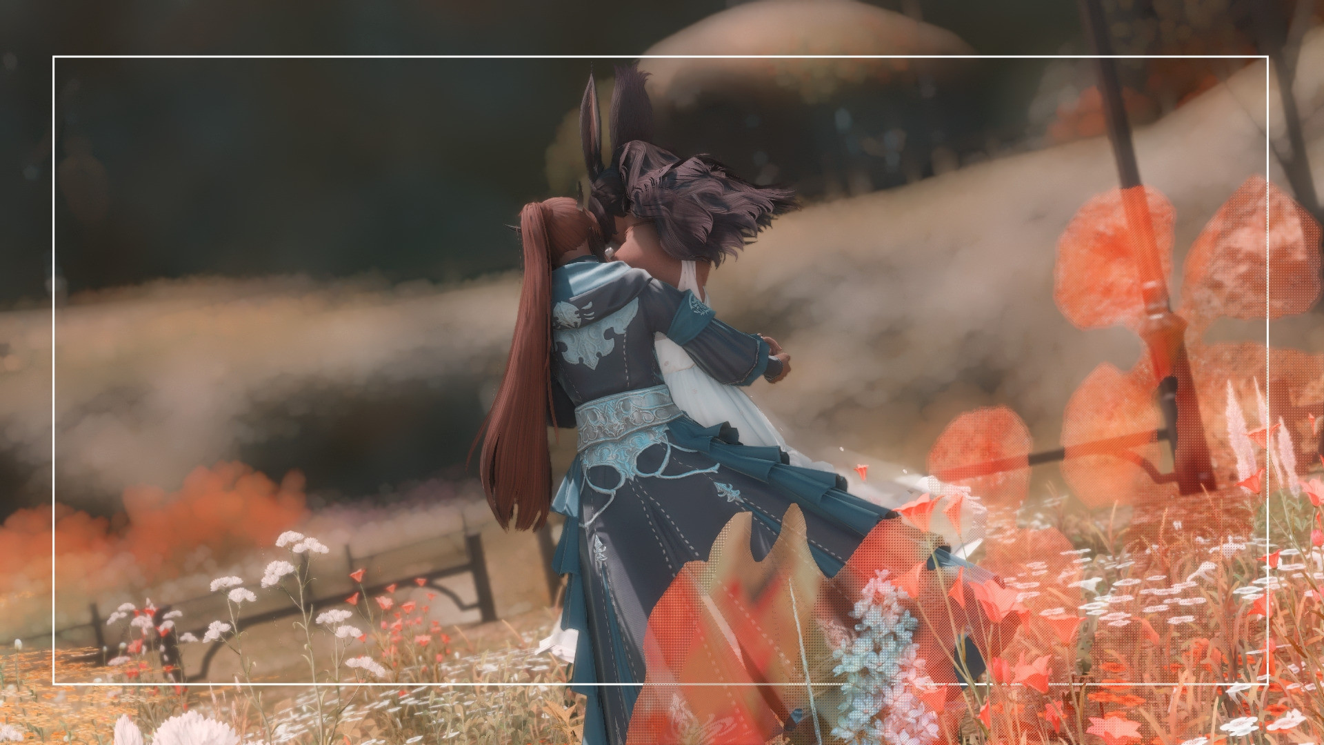 A Viera and a Padjal from Final Fantasy 14 dancing in a field of flowers. Shot from the back. 