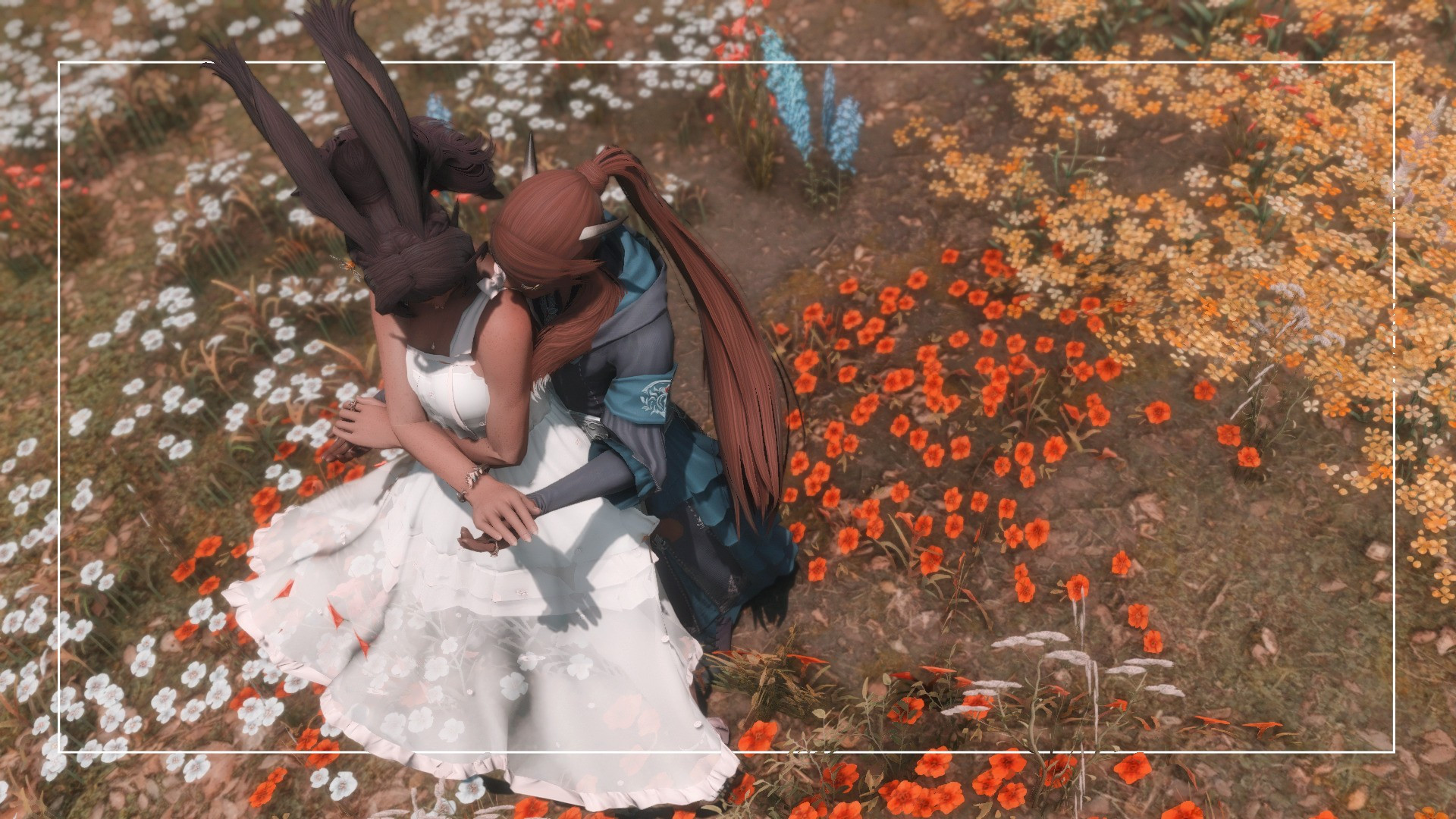 A Viera and a Padjal from Final Fantasy 14 dancing in a field of flowers. Aerial shot. 