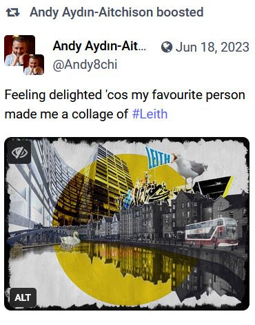 Post with image of collage including river, old buildings on the shore, tower blocks, a Lothian bus and a seagull shouting Leith