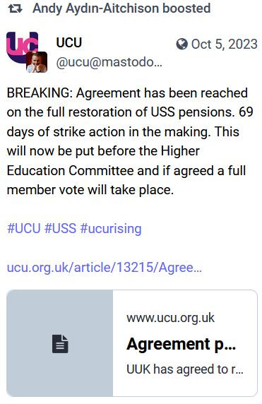 Post. Text: Agreement has been reached on the full restoration of USS pensions. 69 days of strike action in the making. 