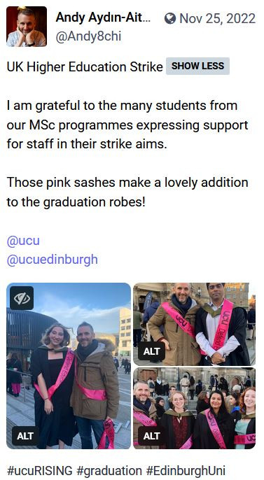 Post celebrating student support of striking University staff with images of students wearing pink UCU union sashes