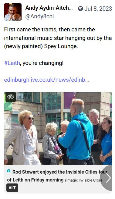 Post with Rod Stewart leaning on the wall at the back of Tesco between Leith Walk and Duke Street