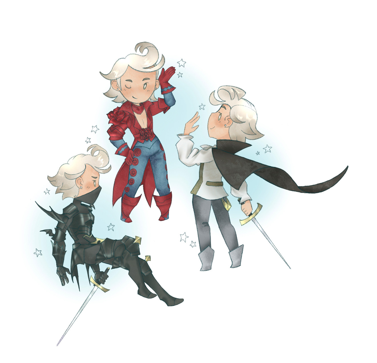 ringabel from the bravely default series in his red mage, vampire and dark knight job outfits 