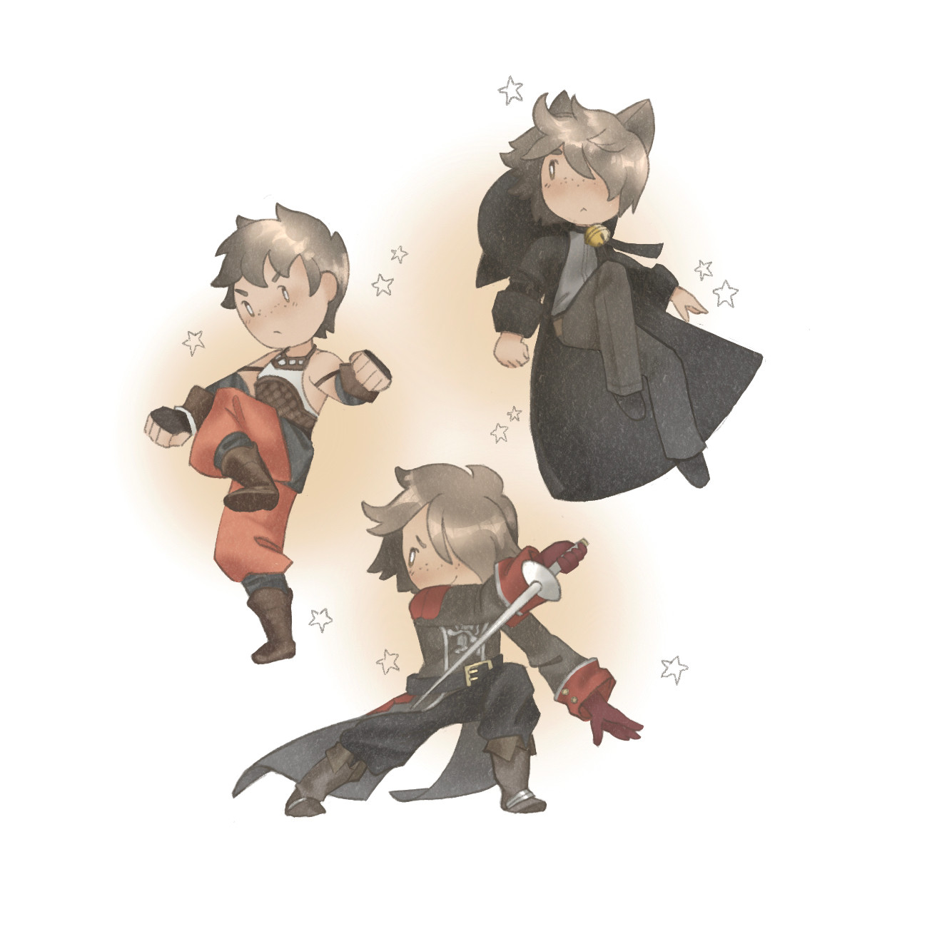 Tiz from the bravely default series in his monk, catmancer and fencer outfits