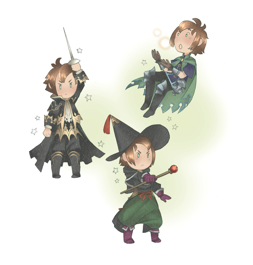 yew from the bravely default series is his summoner, kaiser and black mage job outfits