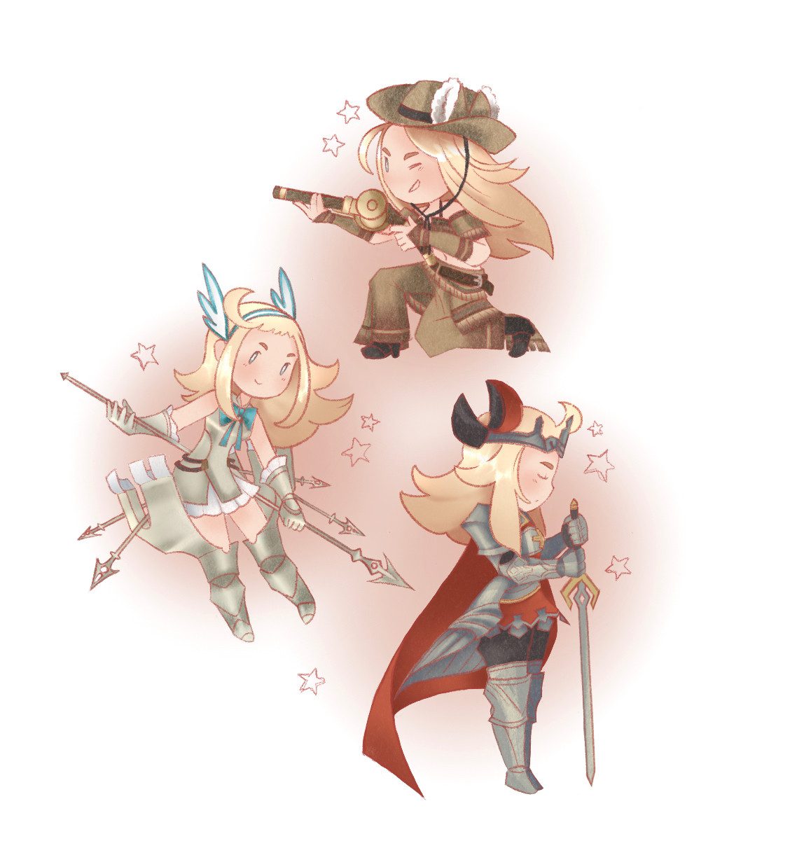 Edea from the bravely default series in her hawkeye (international version), valkyrie and templar job outfits