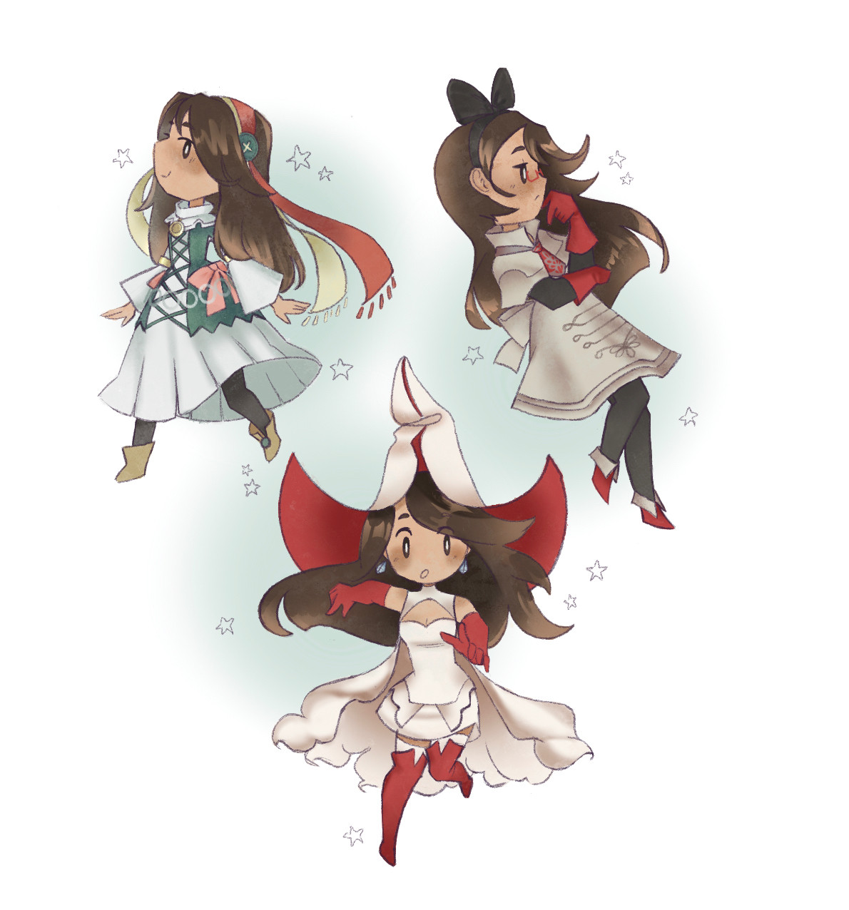 agnès from the bravely default series in her conjurer, spiritmaster and white mage outfits