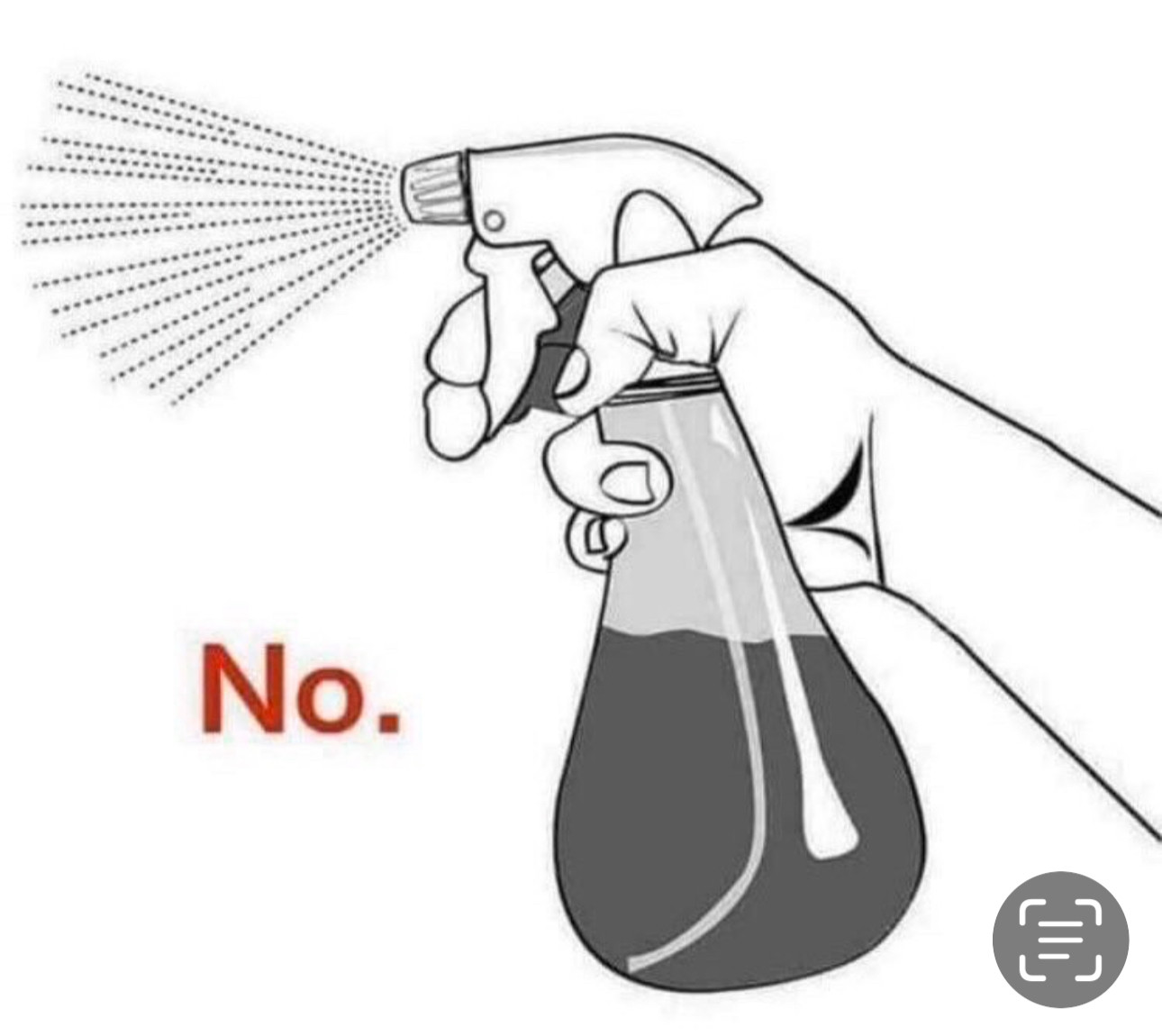 An illustration of a hand spraying misted water from spray bottle, with the caption "No."