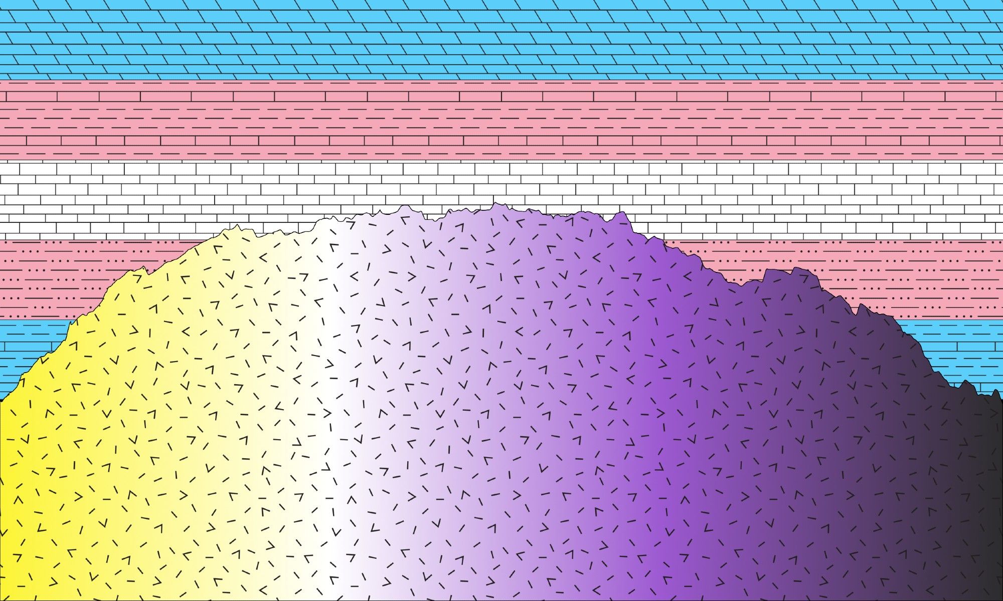 A stratigraphic chart showing sedimentary layers in the pink, white, and blue colors of the trans flag. Beneath them is a drawing of an igneous intrusion with the yellow, white, purple, and black colors of the nonbinary flag.