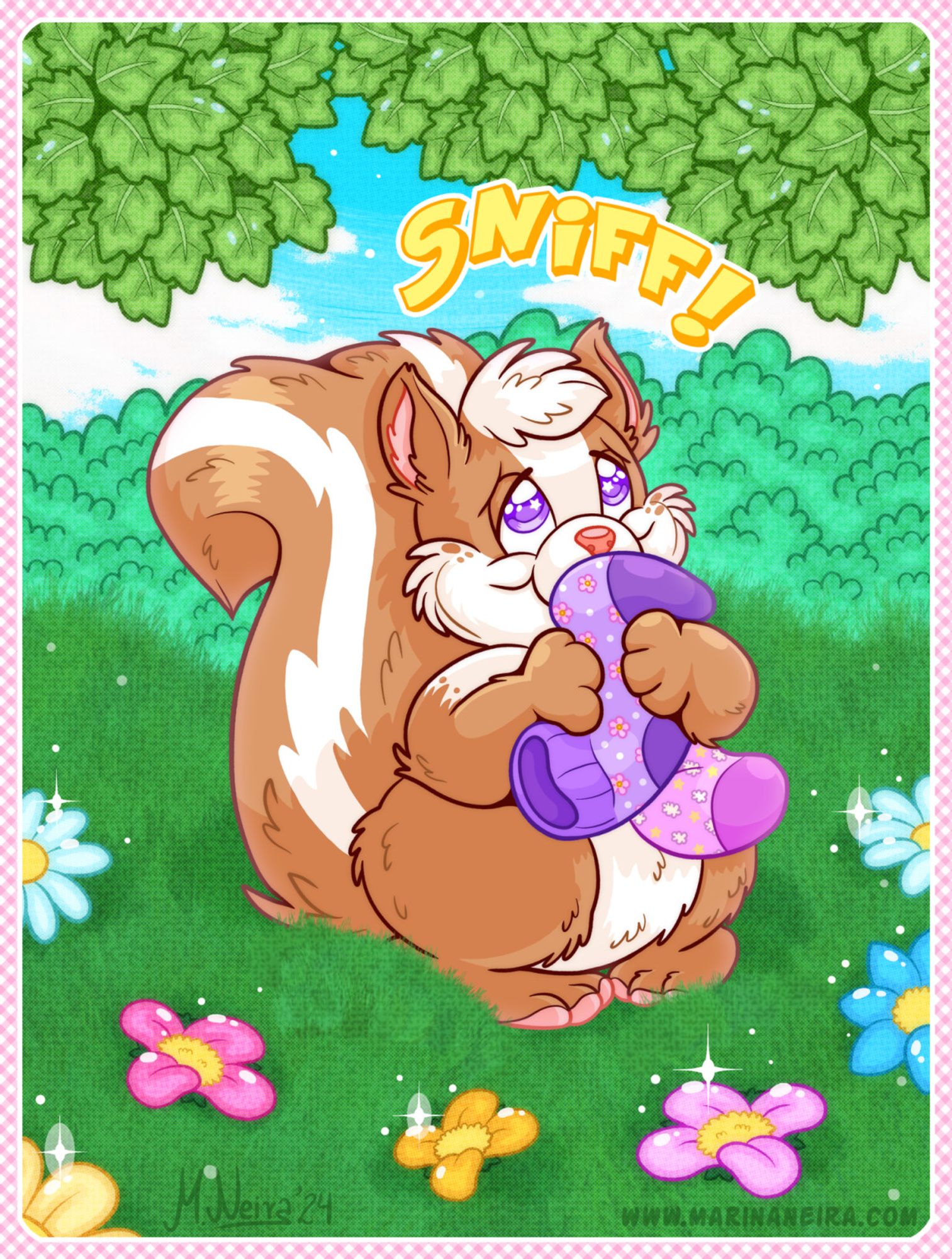 Digital cartoon illustration of a brown and white skunk sniffing a pair of cute, mismatched patterned socks.