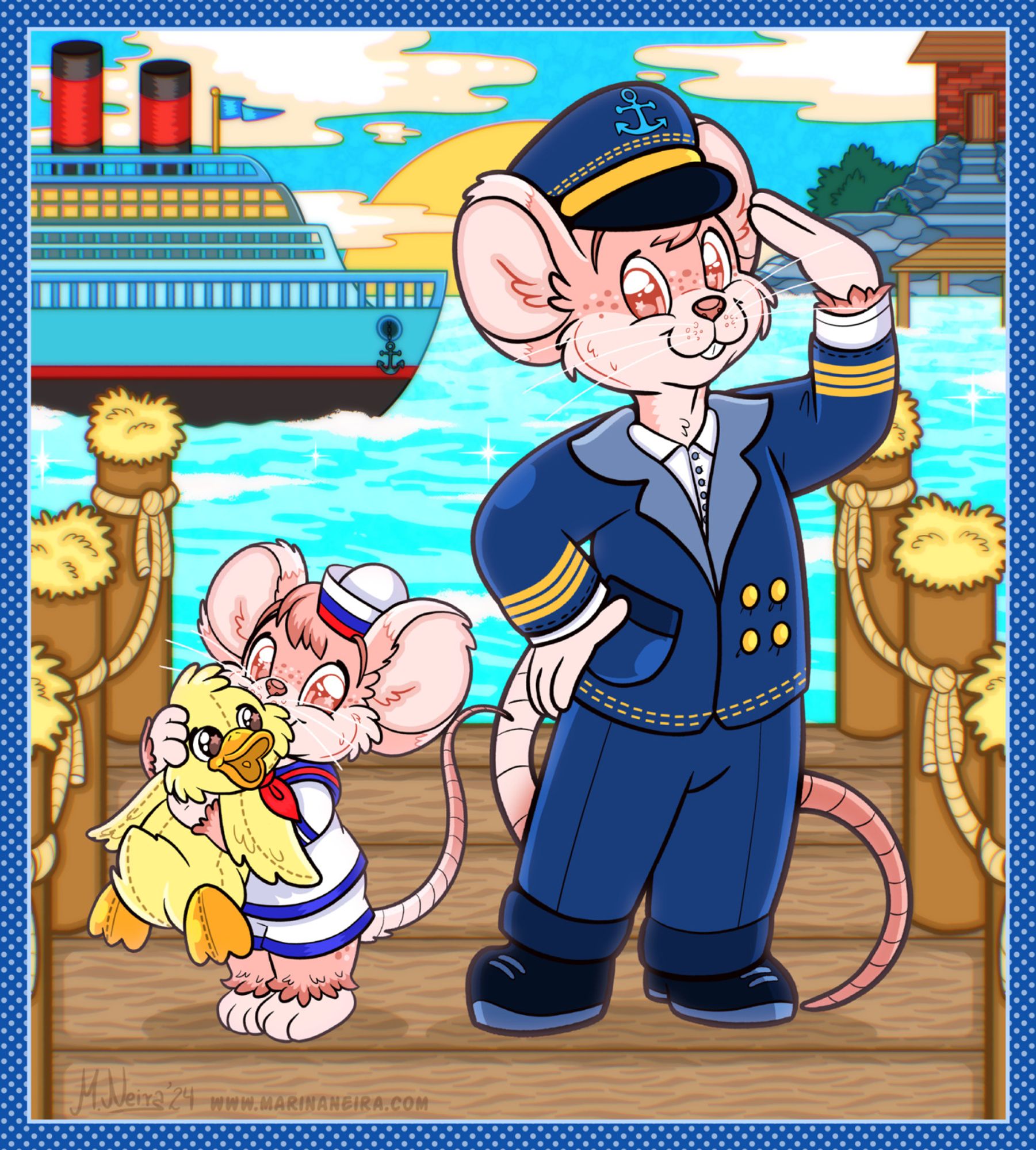 Digital full-color illustration of two versions of the same cartoon mouse standing side by side on a harbor. One version is young, dressed as a sailor and holding a stuffed yellow duck. The other version is all grown up, and dressed as a ship's captain.