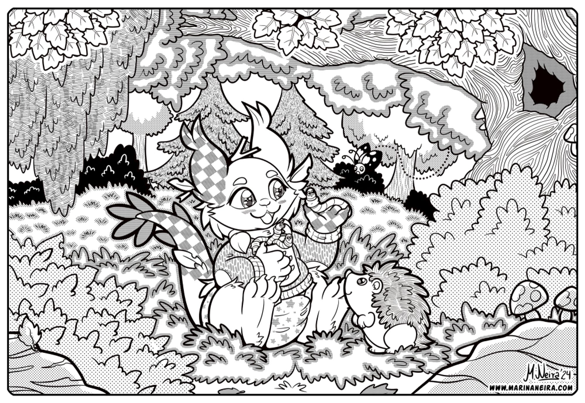 Screentoned line art digital illustration of a fluffy nayokadoren playing with some forest friends.