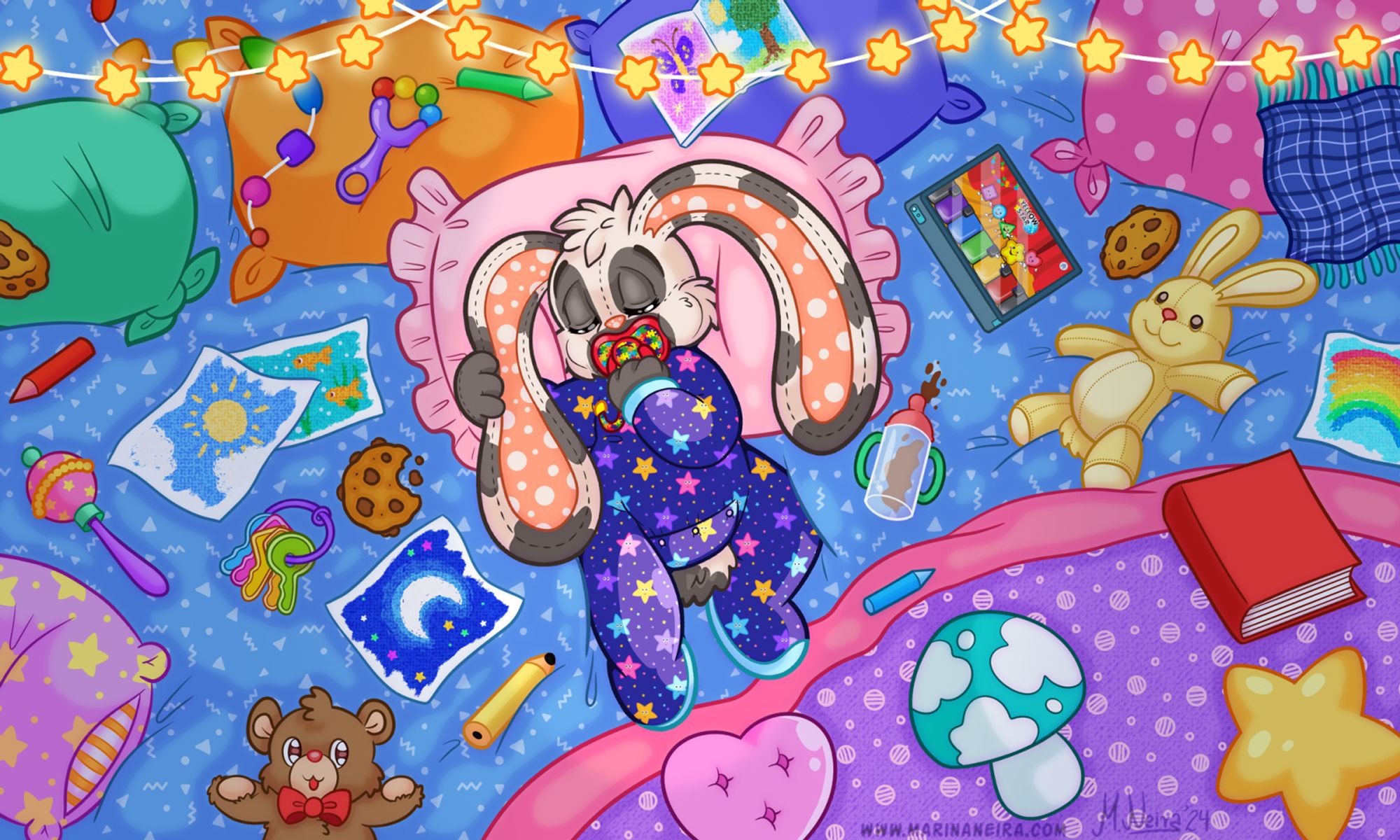 Digital cartoon illustration of a plush baby bunny asleep surrounded by toys, snacks and books.