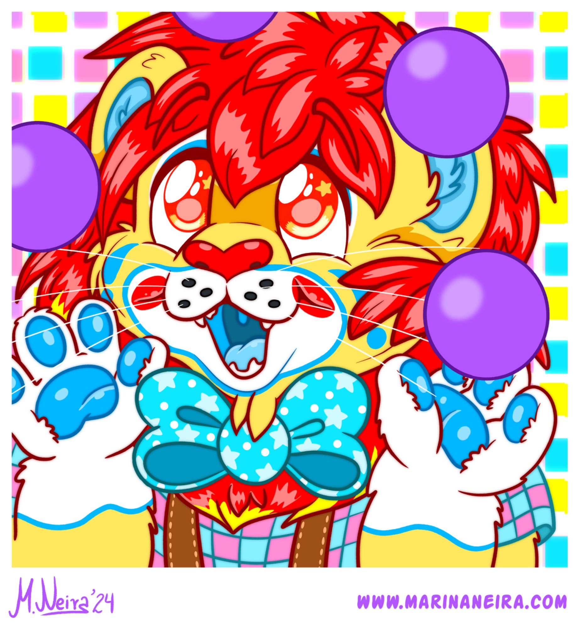 A clown lion littlefur is juggling some purple balls.