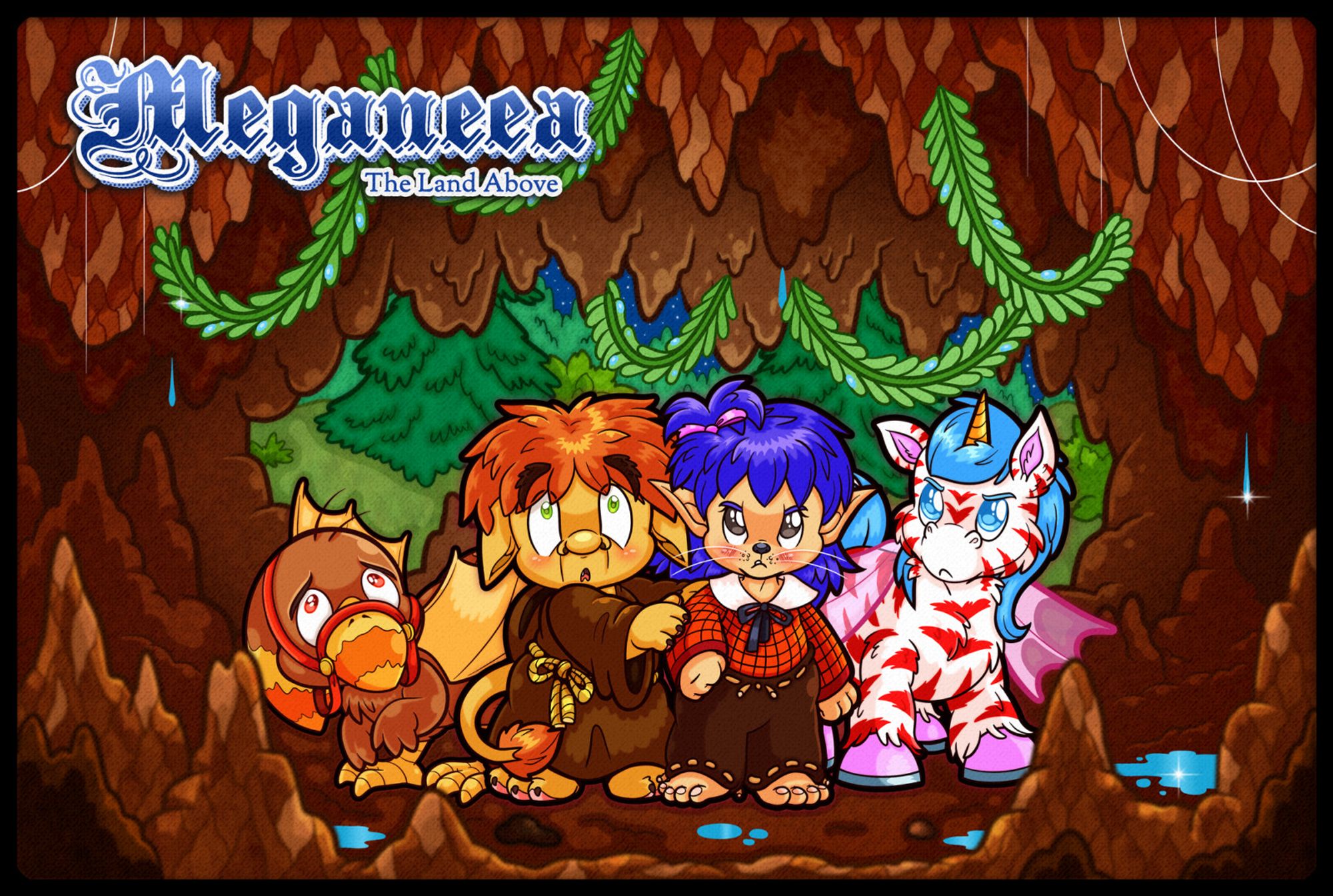 Digital full color illustration featuring a group of young fantasy characters (a bird, a lion-elf, a squirrel-elf and a winged unicorn) at the mouth of a mysterious cavern. The nighttime forest is visible behind them.