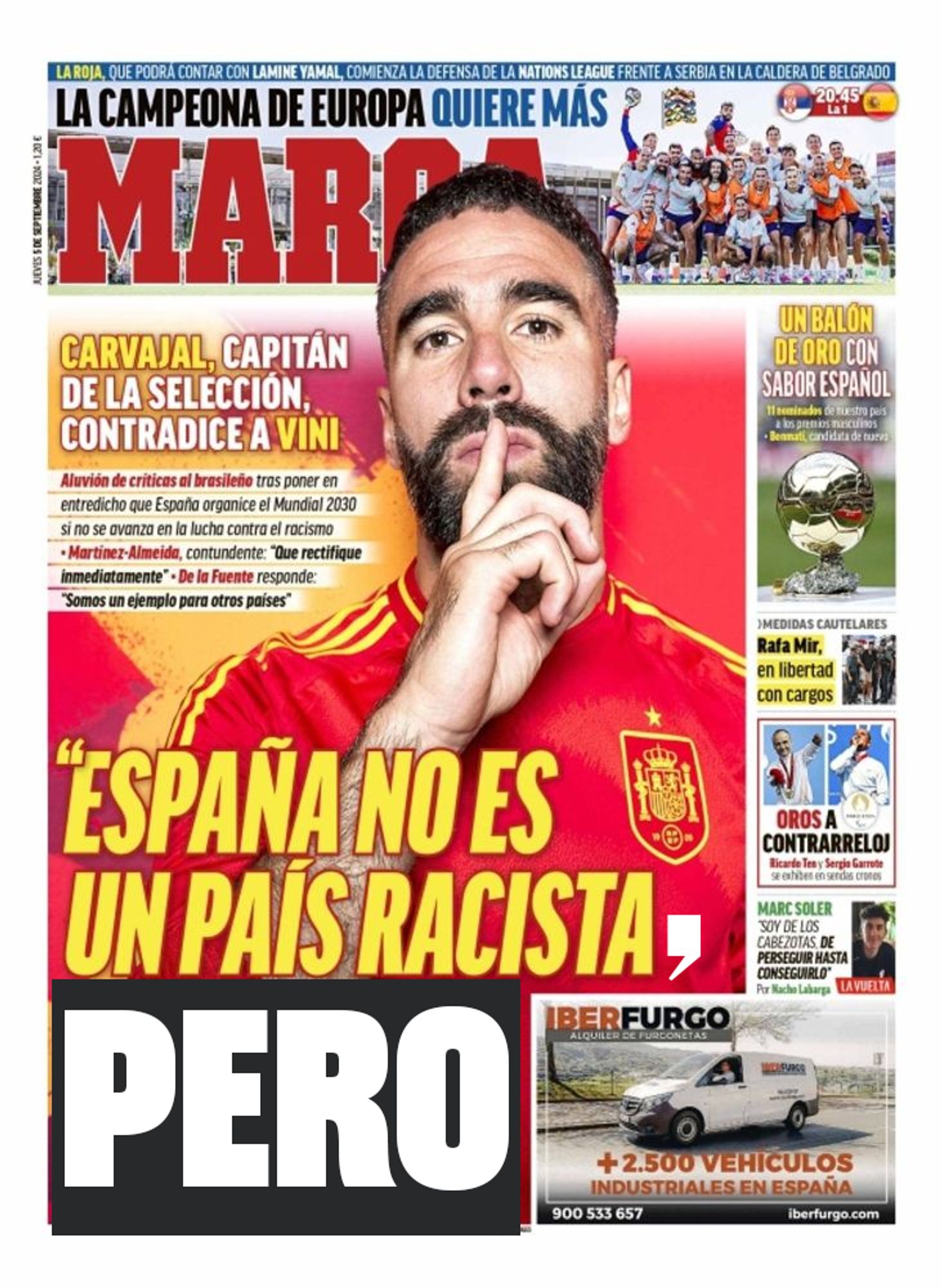 La portada del Marca en la que Carvajal dice "España no es un país racista (y luego decía más cosas)" añadiéndole un PERO gigante después de "racista".