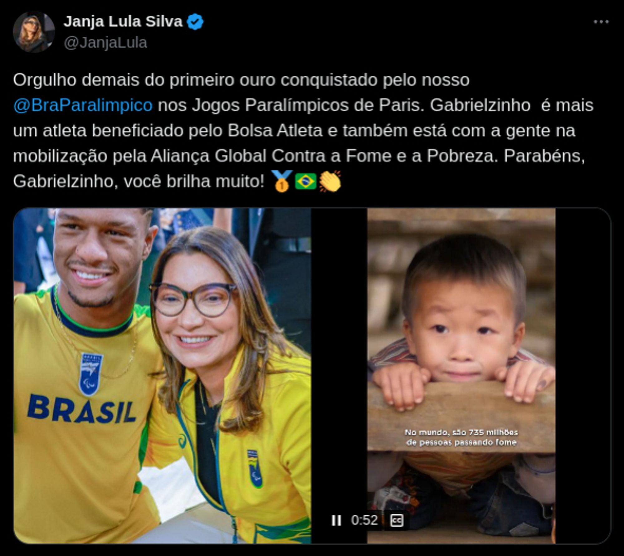 Orgulho demais do primeiro ouro conquistado pelo nosso 
@BraParalimpico
 nos Jogos Paralímpicos de Paris. Gabrielzinho  é mais um atleta beneficiado pelo Bolsa Atleta e também está com a gente na mobilização pela Aliança Global Contra a Fome e a Pobreza. Parabéns, Gabrielzinho, você brilha muito!