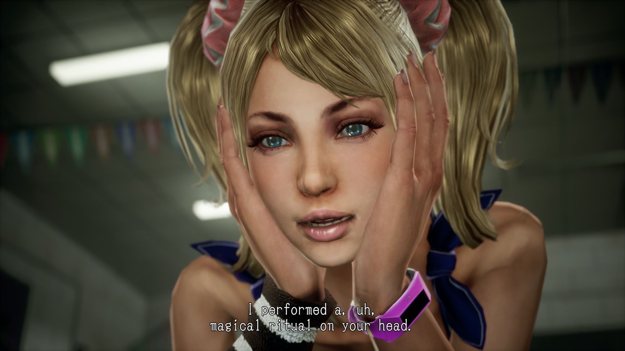 Screenshot from Lollipop Chainsaw RePOP with Juliet (blonde girl with pigtails) with her head leaning on her hands saying "I performed, a, uh, magical ritual on your head"