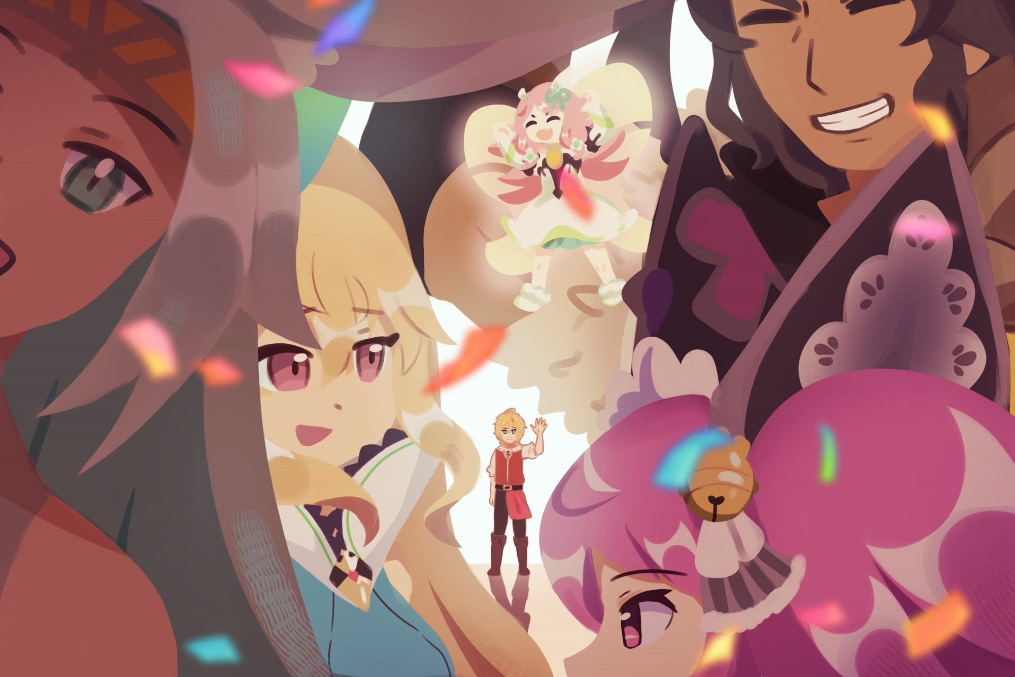 Fanart of Luca, Elisanne, Cleo, Notte, Ranzal, and Euden from Dragalia Lost. Luca, Elisanne, Cleo, Notte, and Ranzal are framed in the darker foreground, while Euden waves to the audience through a gap in the crowd.