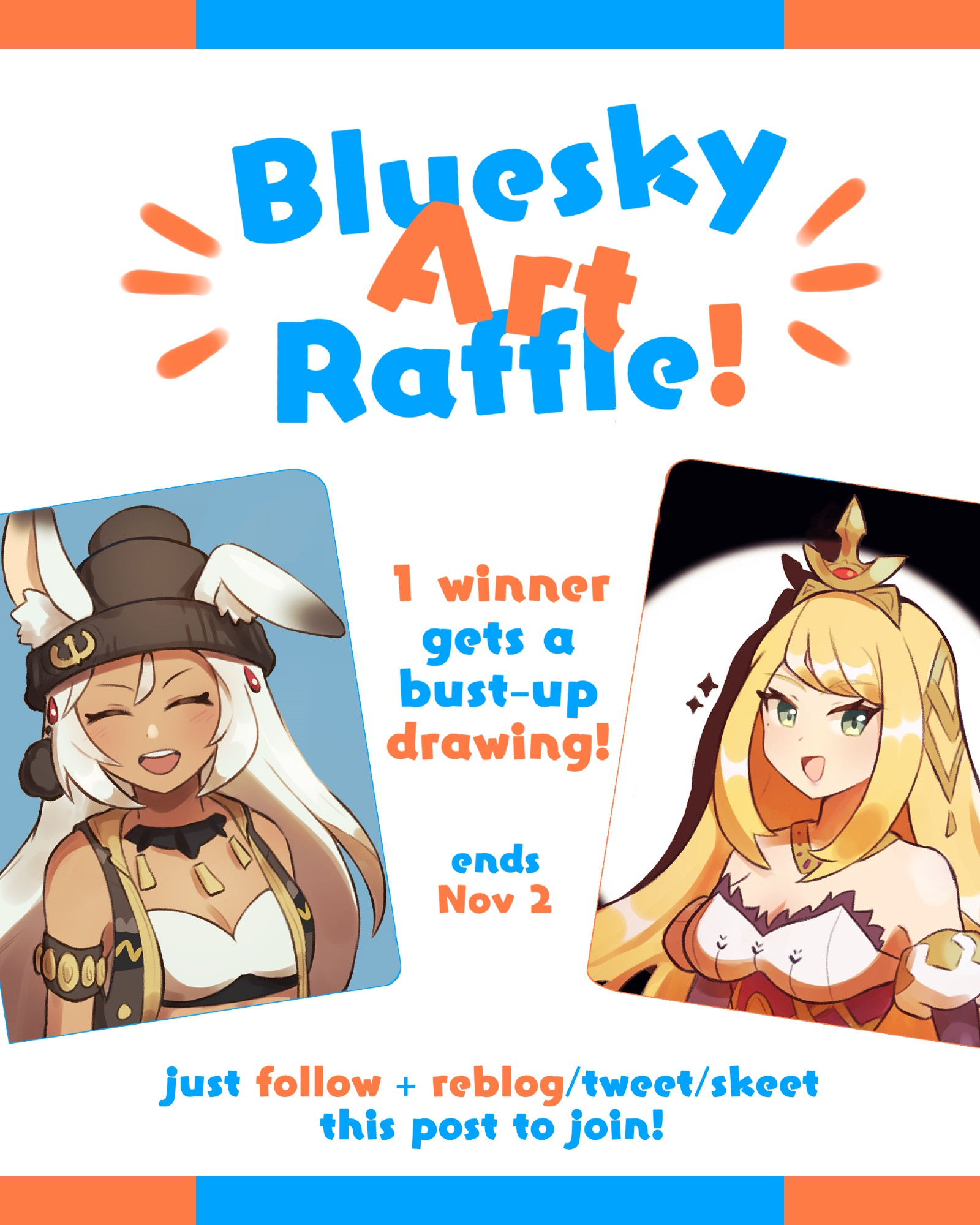 A promotional poster for an art raffle hosted by this user. On it are pictures of Sarisse and Chelle from Dragalia Lost. The text reads: "Bluesky Art Raffle! 1 winner gets a bust-up drawing! ends Nov 2. Just follow + reblog/tweet/skeet this point to join!"