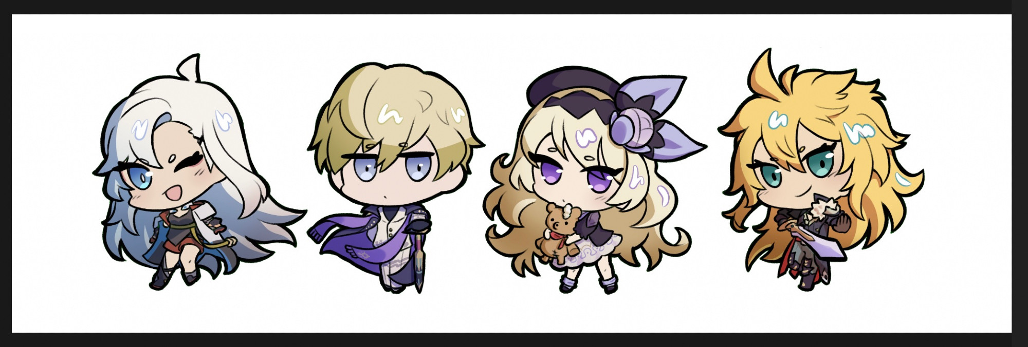 Chibi art of Ilia, Basileus, Lathna, and Alberius from Dragalia Lost.