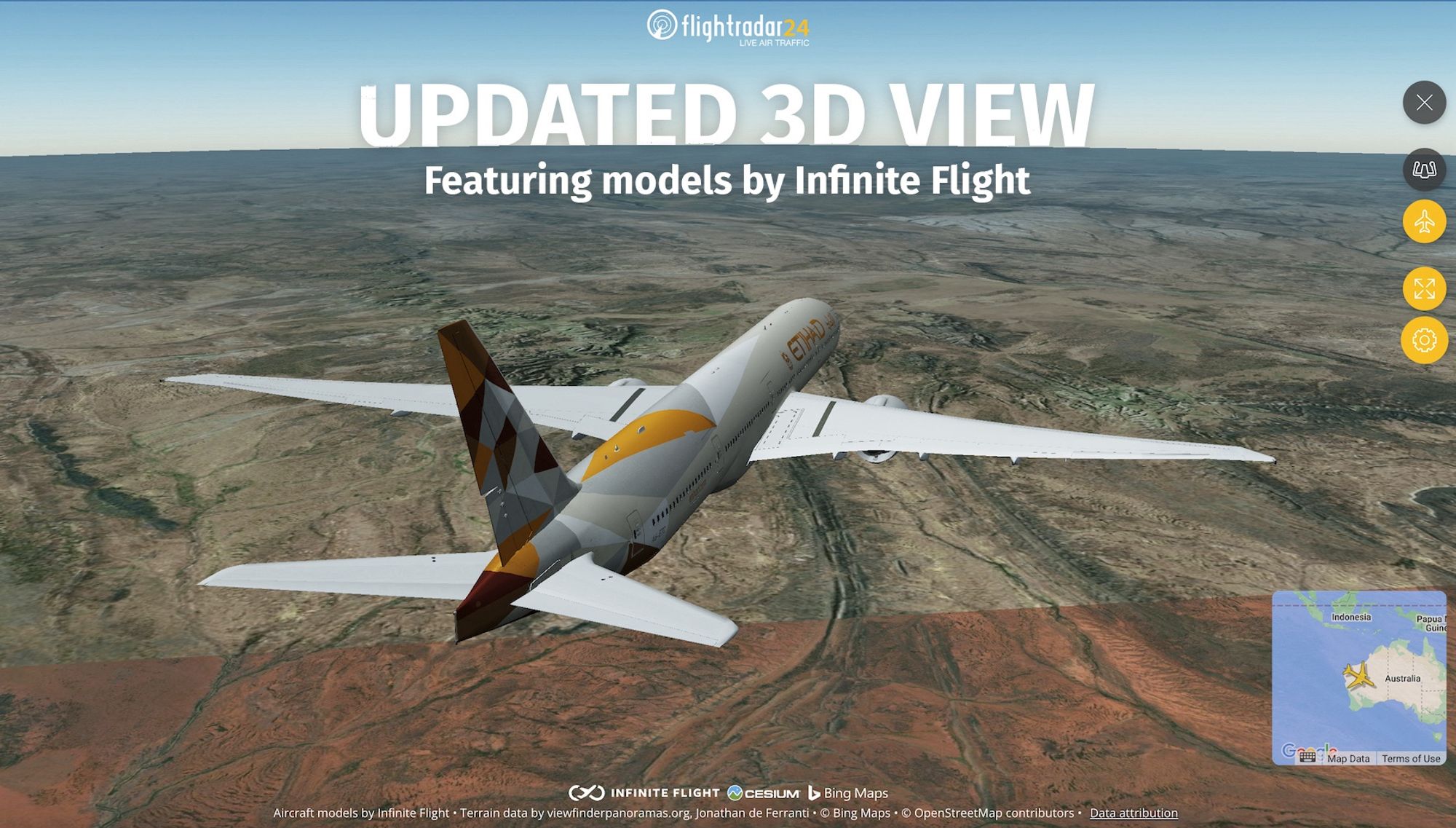 Etihad aircraft in flight over a desert with the Flightradar24 logo at the top and text that reads: Updated 3D view featuring models by Infinite Flight.