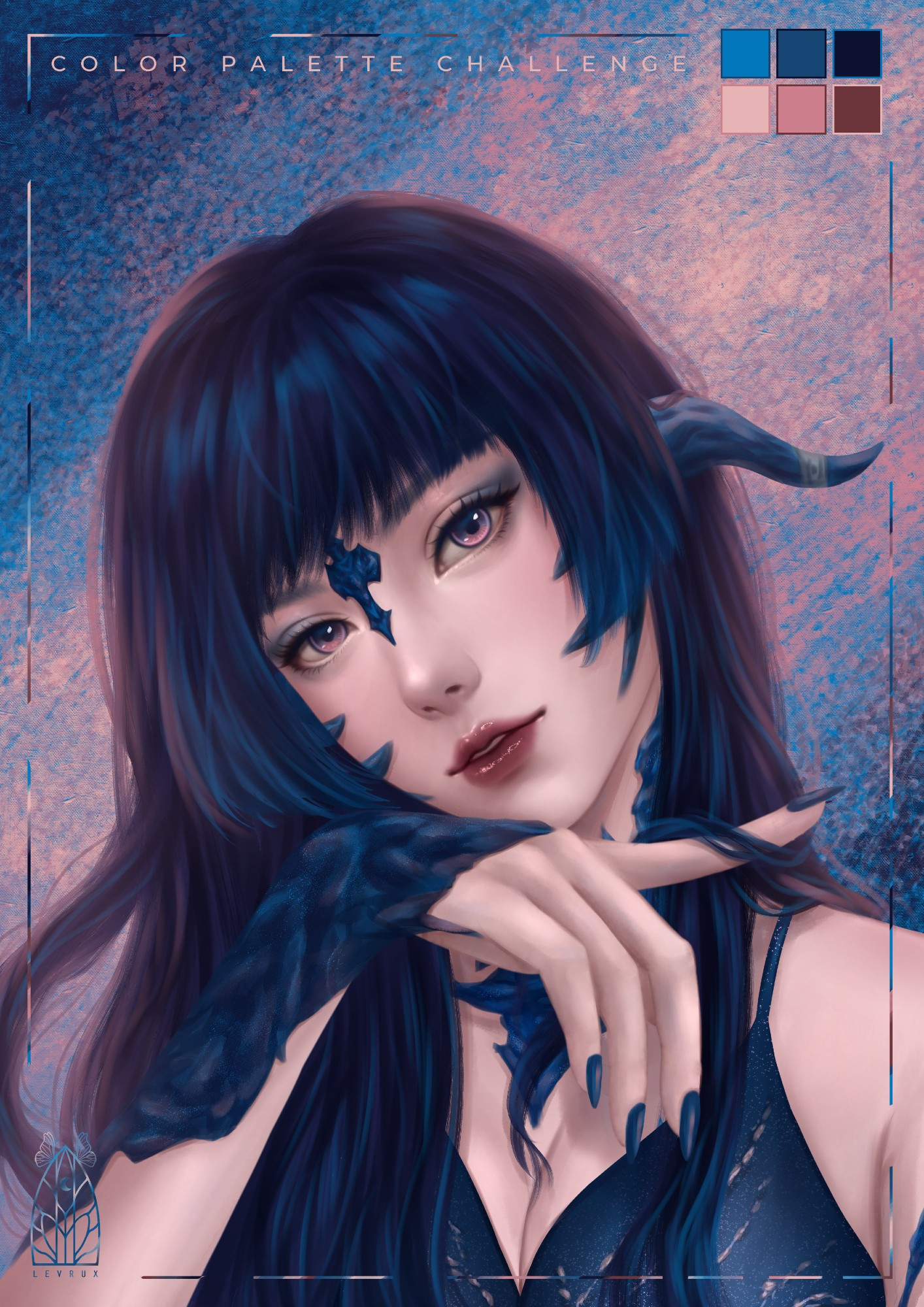 Au ra female with pale skin, dark blue hair, and pinkish eyes tilting her head and twirling a strand of hair in her hands.