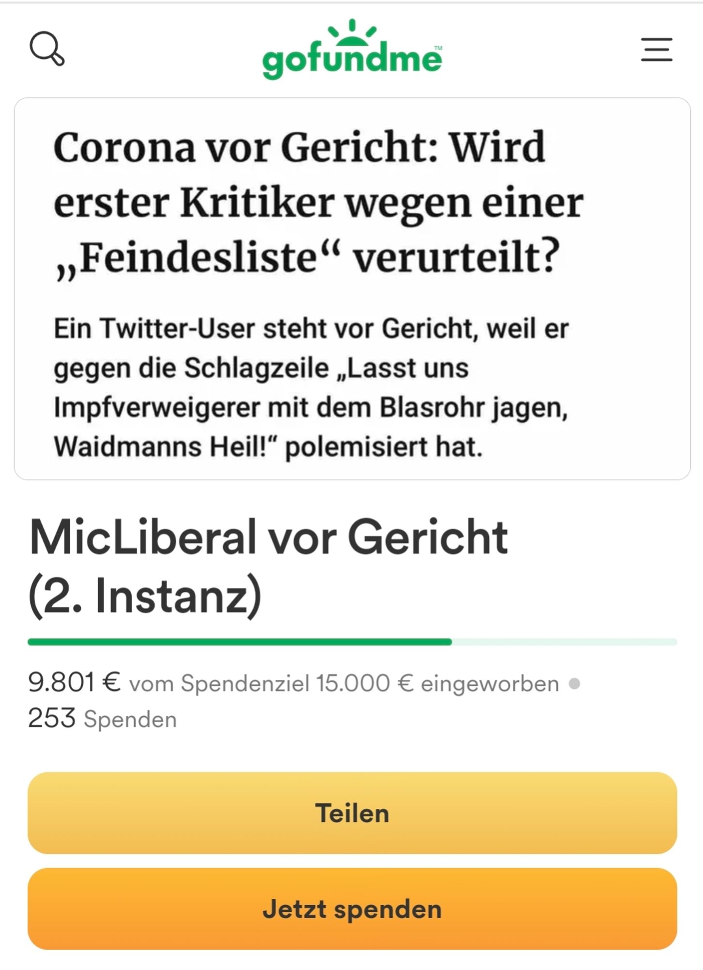 Screenshot GoFundMe von mic_liberal.