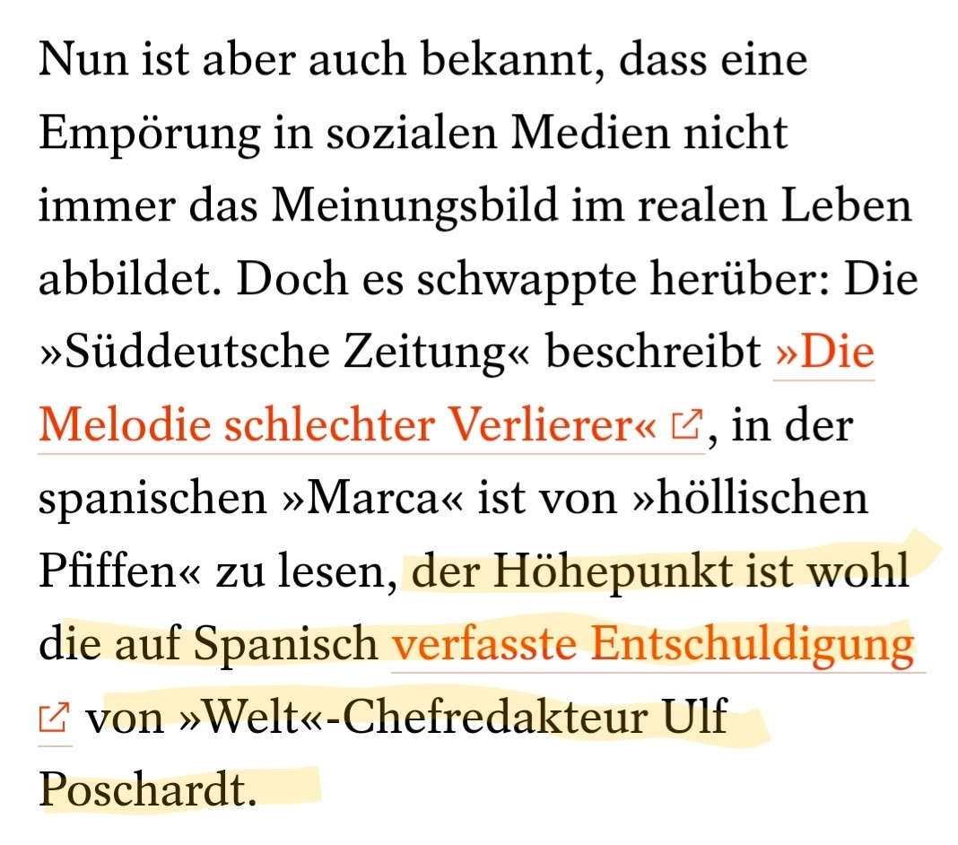 Screenshot Spiegel: Nun ist aber auch bekannt, dass eine Empörung in sozialen Medien nicht immer das Meinungsbild im realen Leben abbildet. Doch es schwappte herüber: Die »Süddeutsche Zeitung« beschreibt »Die Melodie schlechter Verlierer« , in der spanischen »Marca« ist von »höllischen Pfiffen« zu lesen, der Höhepunkt ist wohl die auf Spanisch verfasste Entschuldigung  von »Welt«-Chefredakteur Ulf Poschardt.