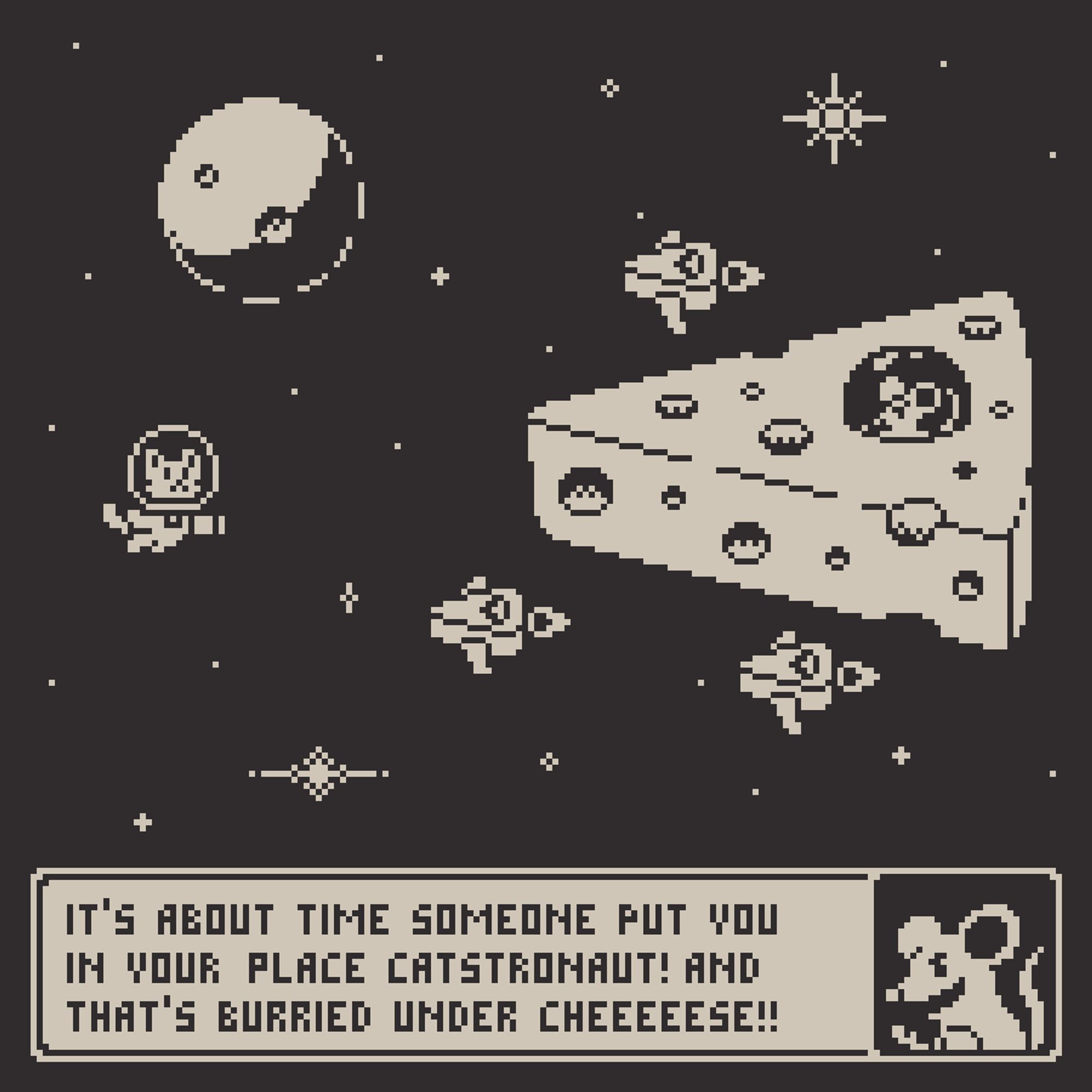 #pixelart mockup of a #cat astronaut fighting an evil mouse #cheese armada and the mouse is saying: it's aobut time someone put you in your place, catstronaut! and that's burried under cheese!