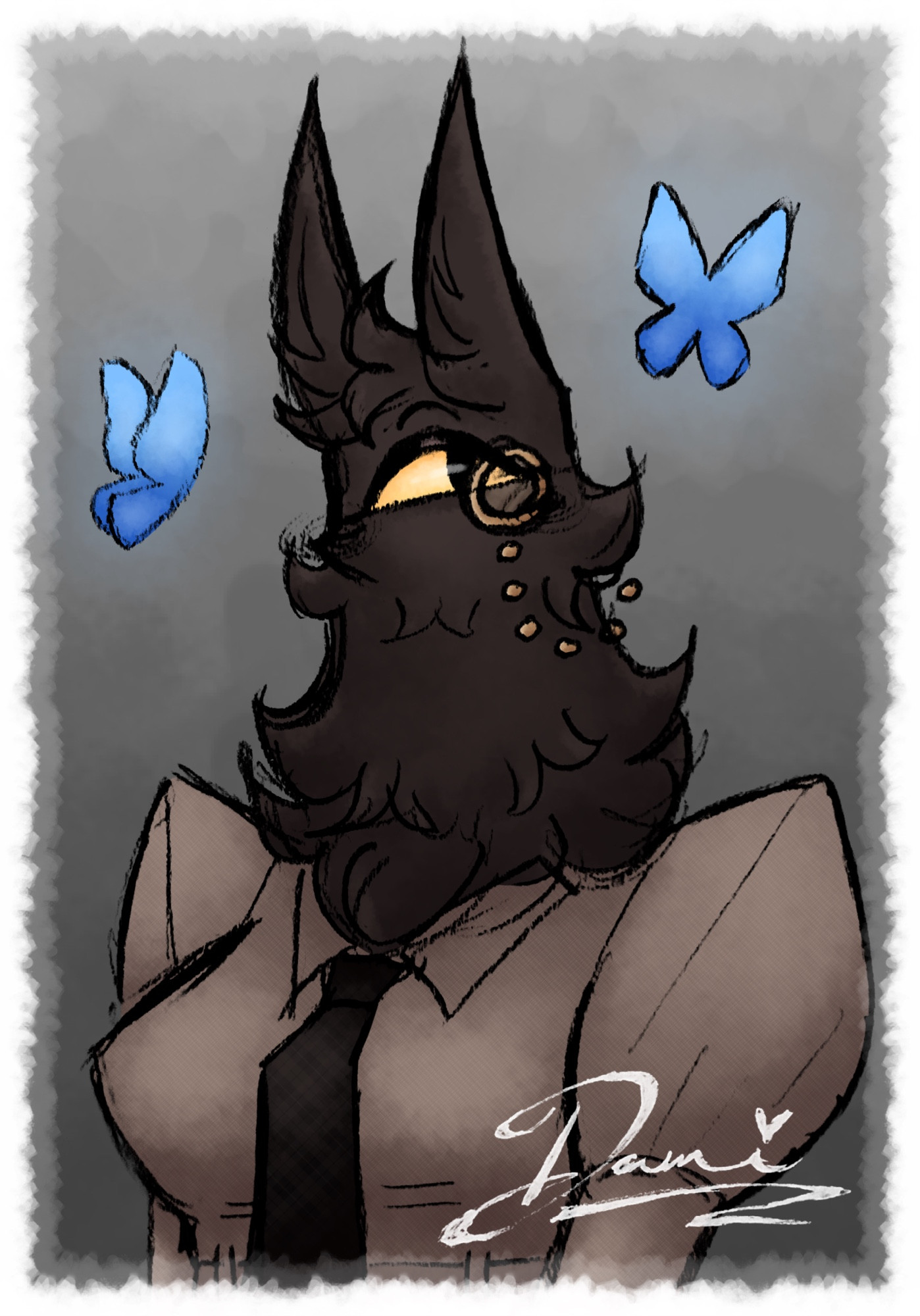 A digital drawing depicting an original character by this user named Scoots.

Scoots is a long necked, fluffy character with dark hair and a single yellow eye. There are also blue butterflies on either side of them to represent the introduction to the Bluesky site.