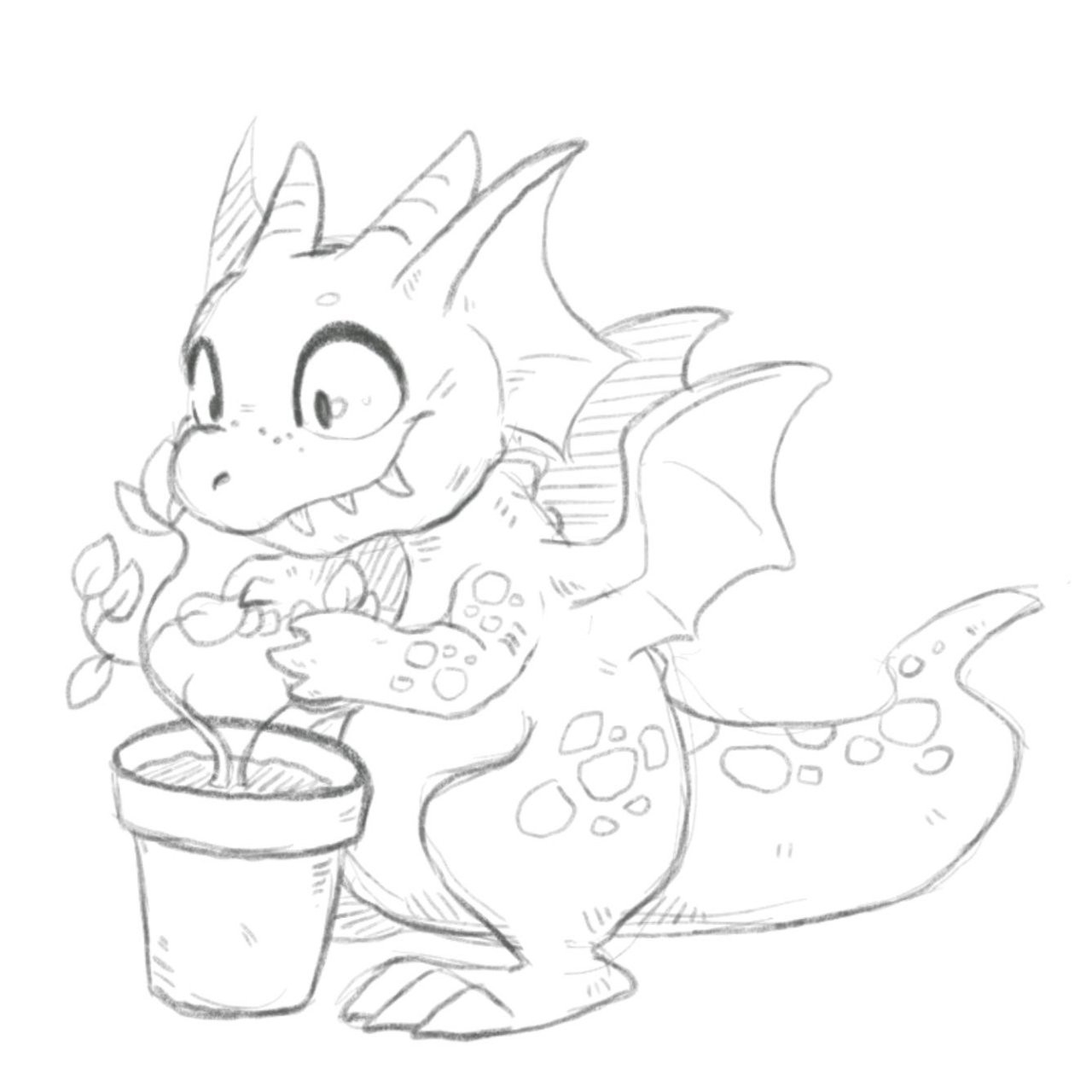 A black and white sketch of a dragon tending to a little plant inside of a pot. The dragon is standing, holding a leaf between their claws, inspecting it.