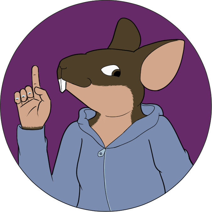 A bust of a brown mouse anthro with cream belly fur, ear insides, and hand. Is wearing a light blue hoodie with a zipper. Purple background. Brown eyes. Slightly uptilted head with a finger up as if about to interject. Entire image is in a circle for the sake of an avatar.