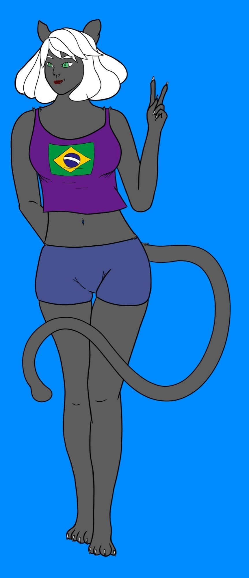 Panther anthro with flats. White hair, purple tank top, blueish booty shorts. White hair. Emerald green eyes. Tank top has a Brazilian Flag on it.