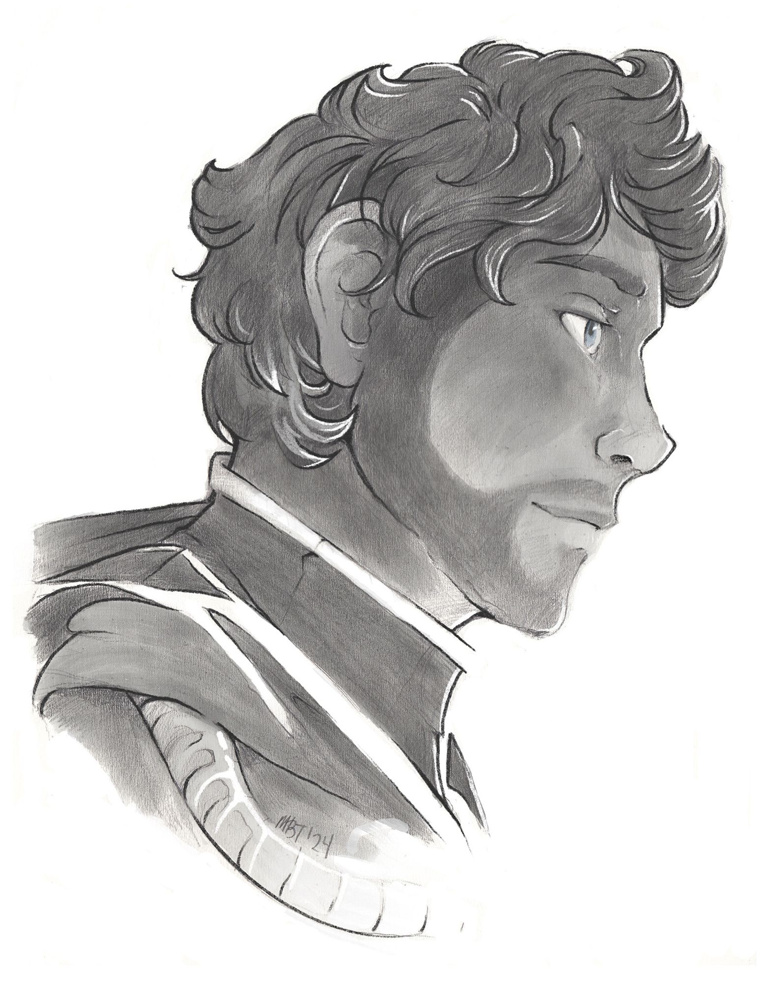 A profile portrait of Errick Rider, a bearded man with curly hair and dark skin. The only colour is his eyes, which are pale blue, and the rest of the image is in black and white. He's wearing dark clothes with white trim, and a thick cable is visible underneath his cloak collar.