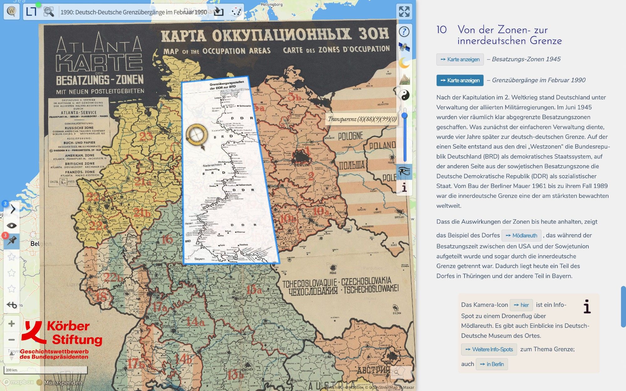 Eine Karte der Besatzungszonen 1945 wird überlagert von einer Karte der deutsch-deutschen Grenzübergänge 1990.