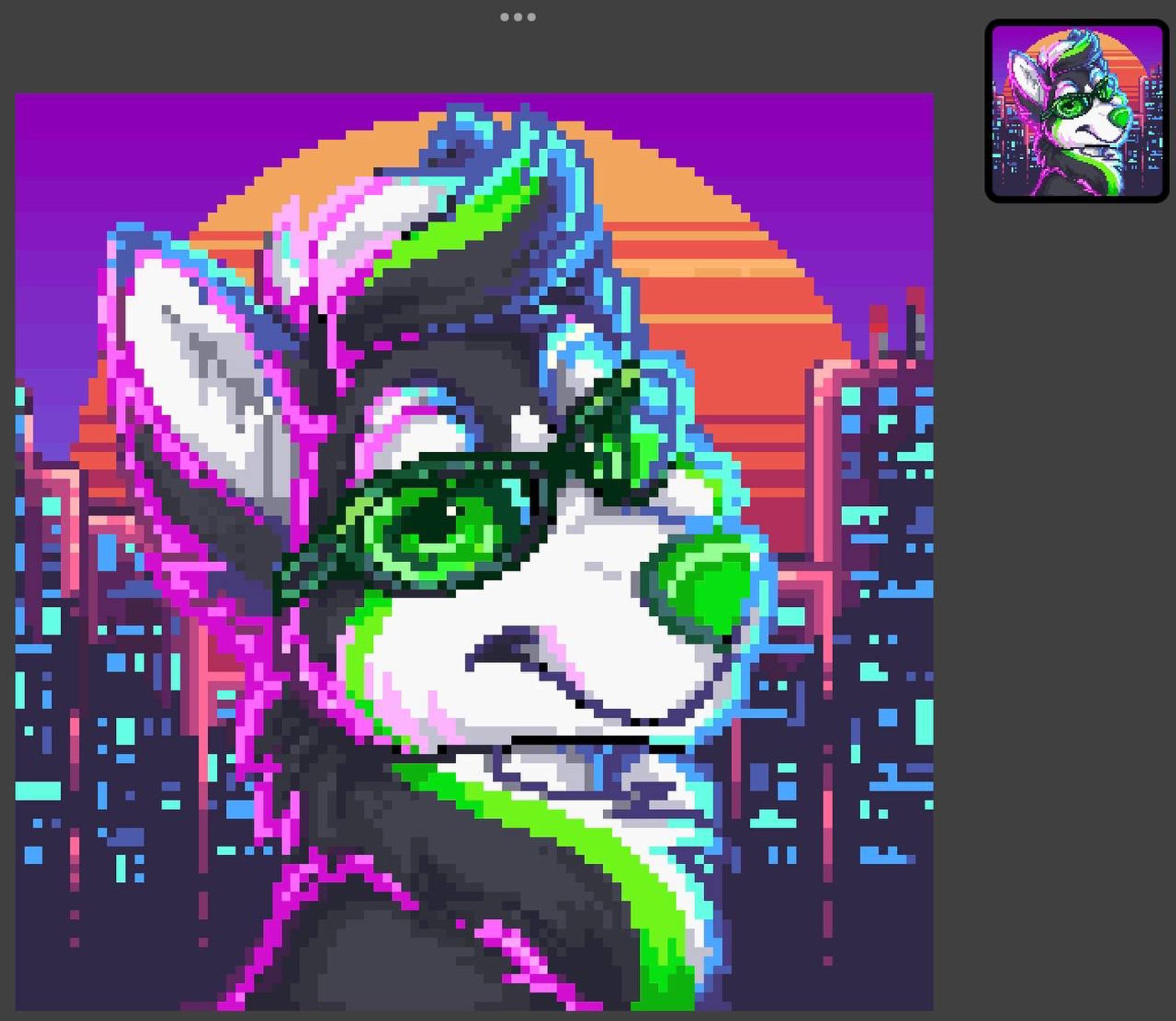 Pixel art of OP’s partner’s character , a grey black and green husky with green glasses. Highlights on either side of him are bright pink and aqua. Behind him is a cityscape at evening time. Behind the buildings is a big sun. The sky is purple. Big retro vibes.