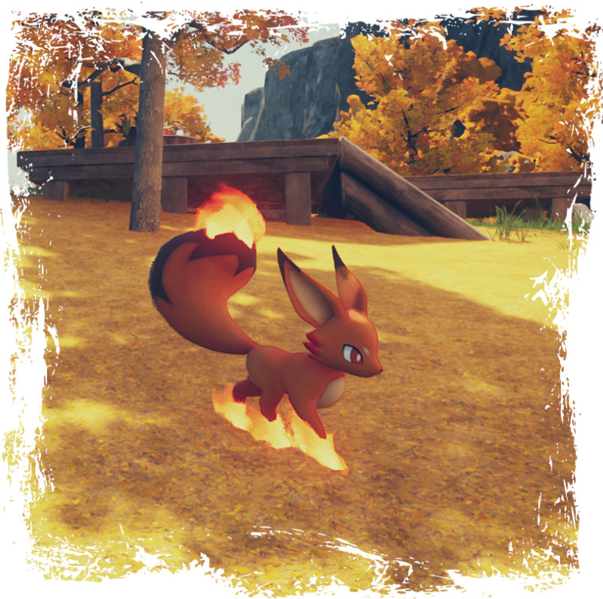 An edited Palworld screenshot of a Foxparks walking around at a base surrounded by trees with yellow leaves.