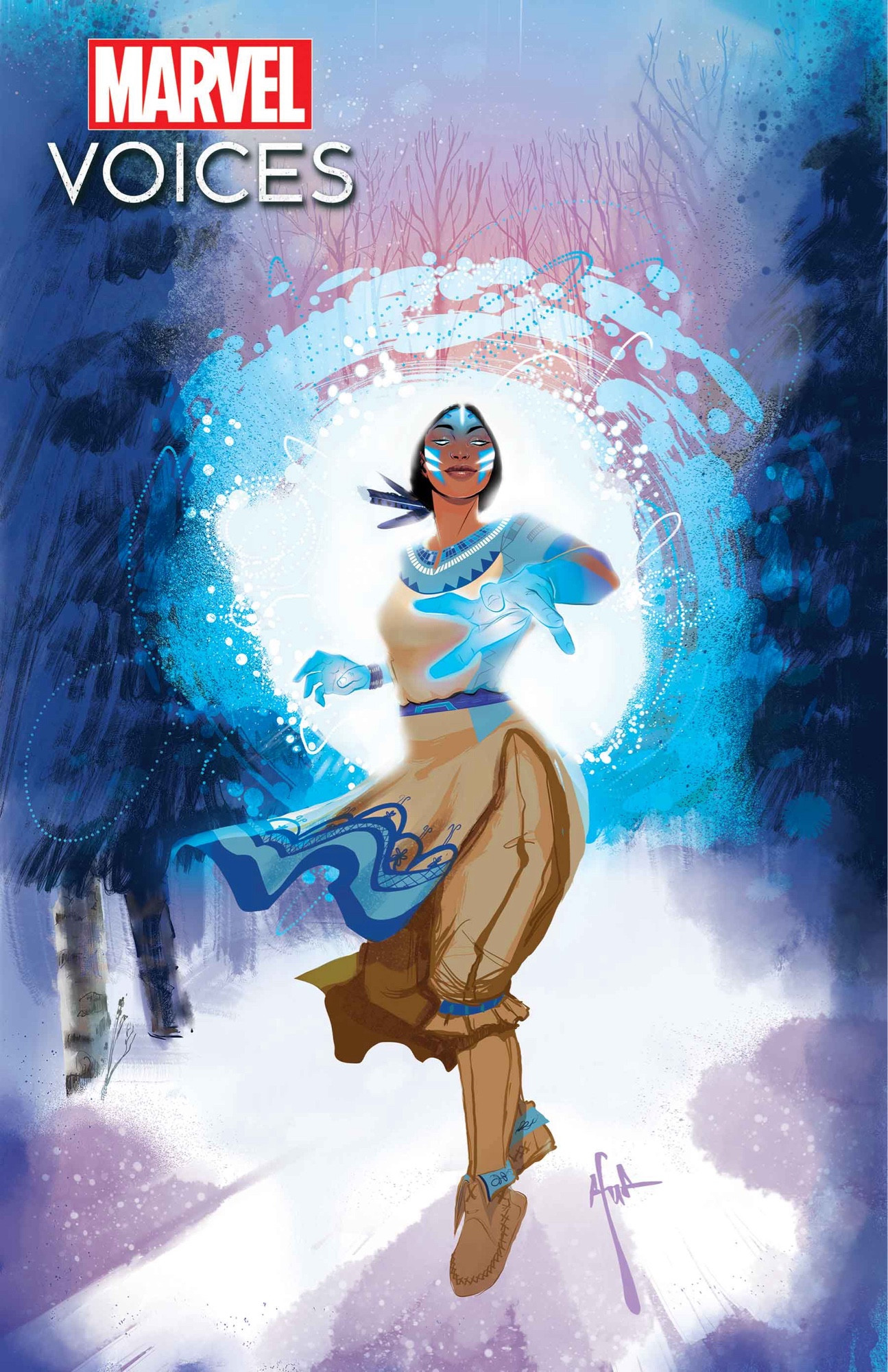 Kahhori Reshaper of Worlds Comic Cover Art. She is encircled by an ice-like halo and in an evergreen forest in winter. Her tattoos glow with bright white and blue as she smirks and stretches towards the viewer, glowing hands.