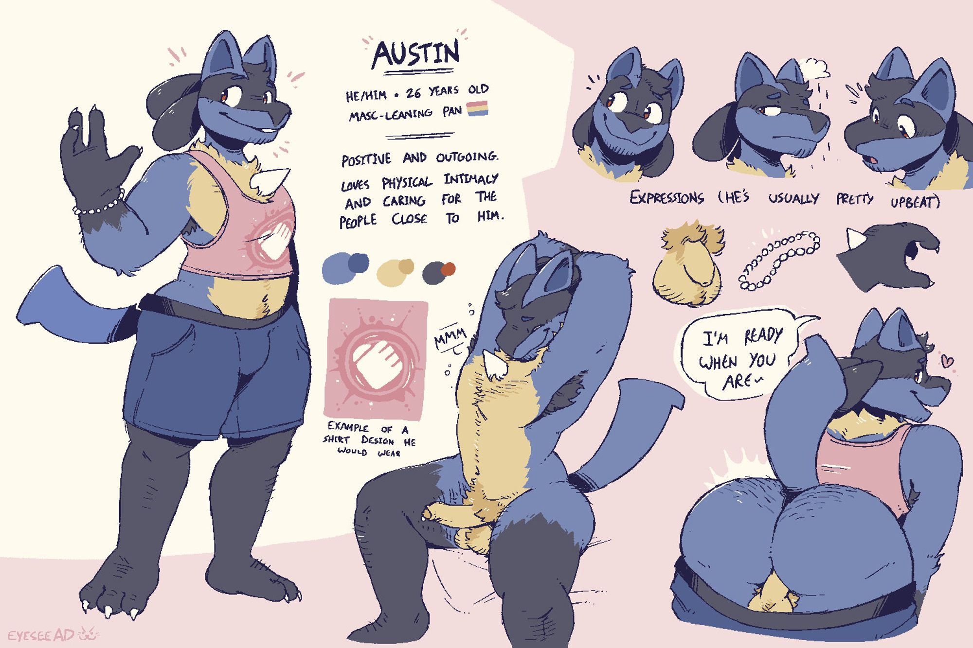 AUSTIN
He/him - 26 years old
Masc-leaning pan

Positive and outgoing.
Loves physical intimacy and caring for the people close to him.

To the left, Austin stands and waves to the camera. He wears a shirt design that is displayed next to him, too. It's labelled, "Example of a shirt design he would wear". 

In the lower middle, Austin stretches, nude and erect.

In the lower right, Austin presents his ass to you, and says, "I'm ready when you are~"

Above, there are references for his cock, bracelet, and back of his hand. Above those, there are "Expressions (he's usually pretty upbeat)". He smiles, looks sad, and looks surprised.