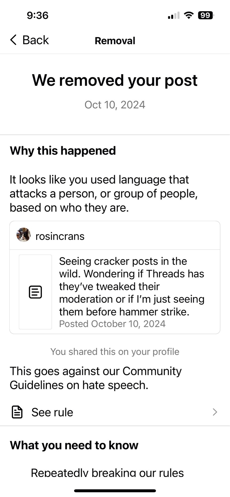 Post from Threads removed due to the use of the word “cracker”